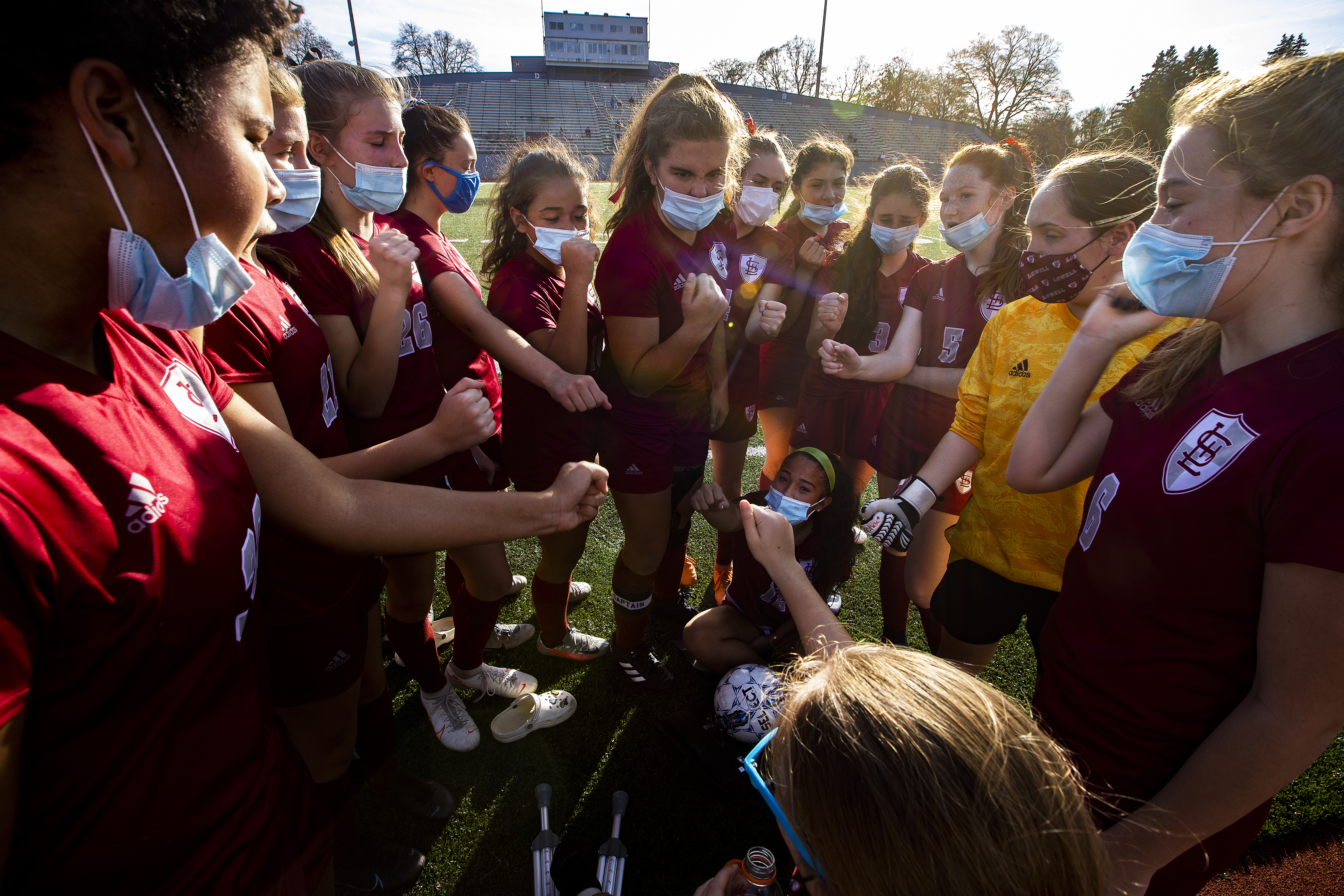 The Lowell High girls' soccer team was masked up for a game in November.
