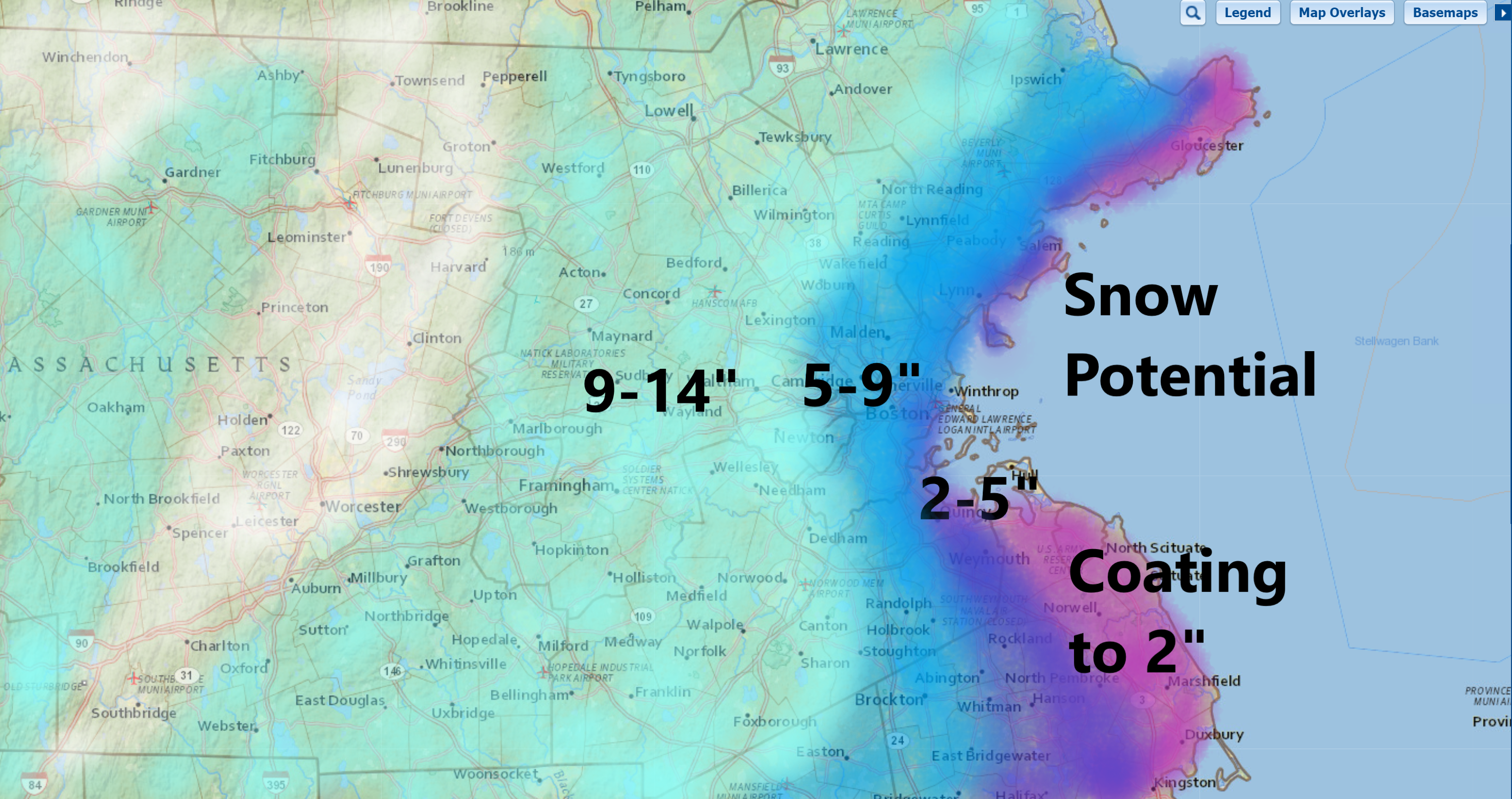 The gradient of snow totals remains very tight along the first 10 miles of the coastline.
