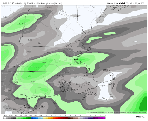 This map shows expected rainfall totals from the GFS model. This gives an idea of rainfall and won’t be exact. Certain towns will see no rain while others see heavy downpours.