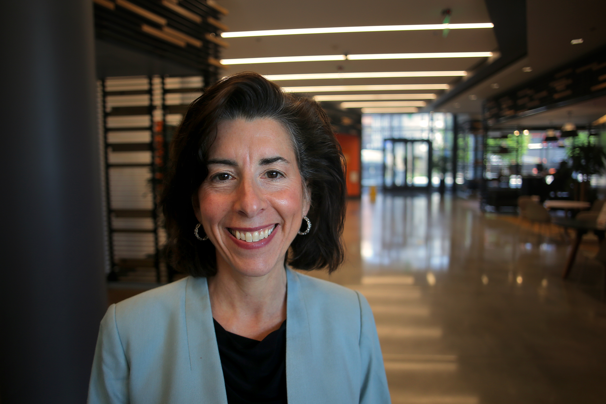 US Secretary of Commerce Gina M. Raimondo visits the GlobeRhode Island office at the Wexford Innovation Center for a Rhode Island Report podcast.