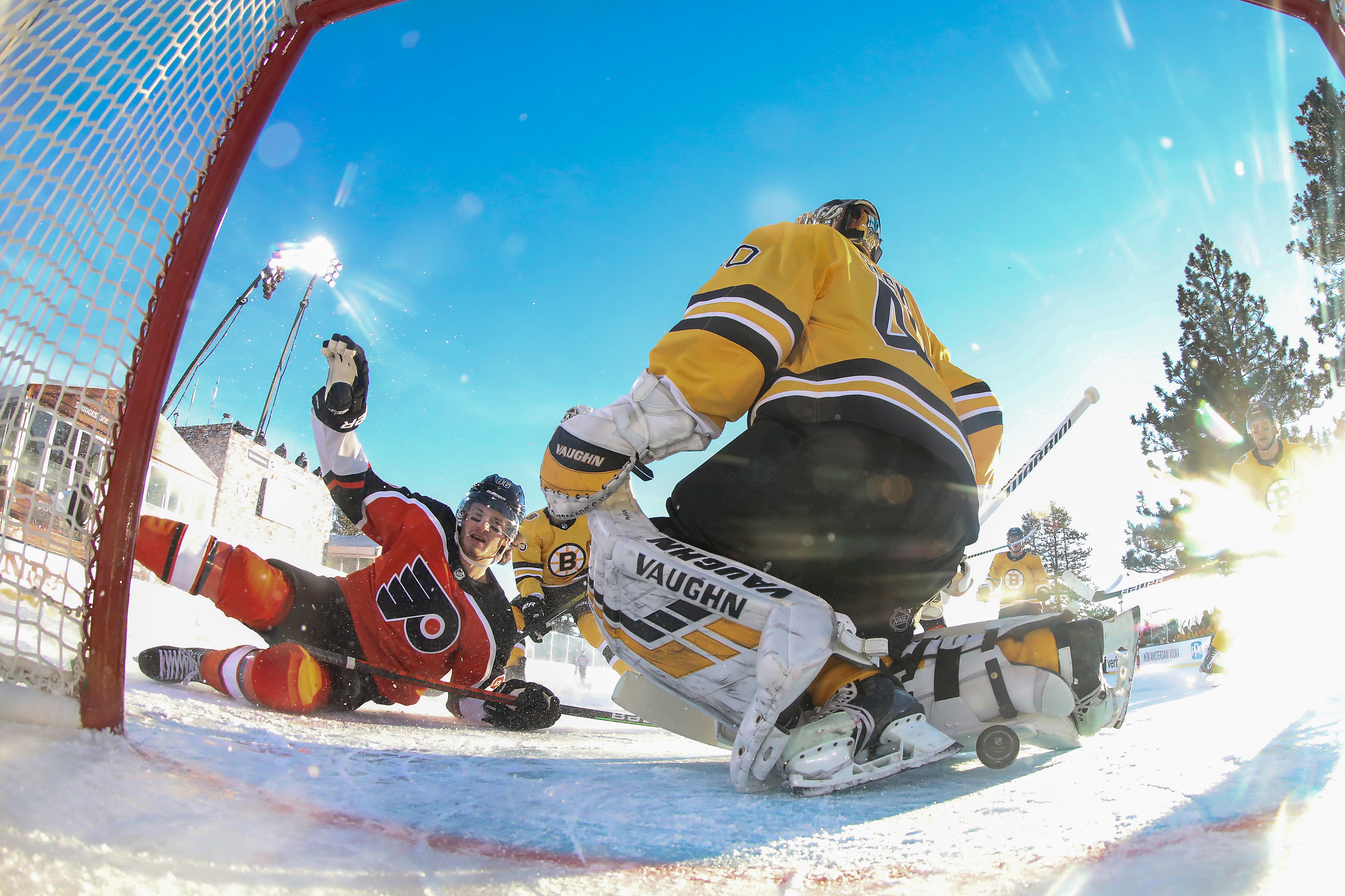 Philly's Joel Farabee scores a goal on Tuukka Rask in the first period of Sunday's game.