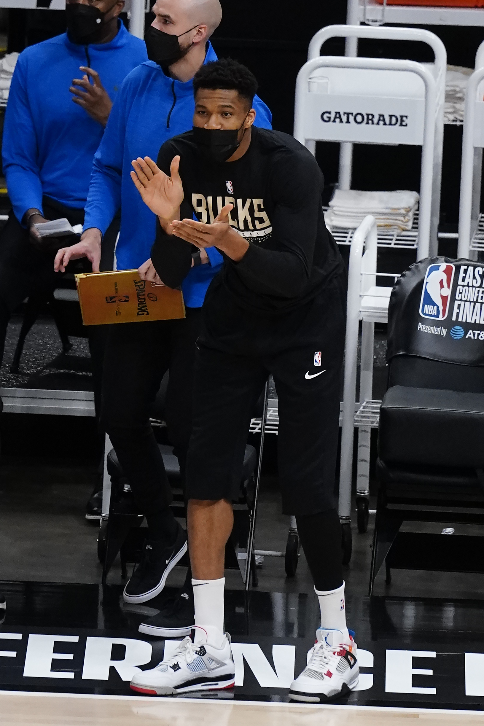 Bucks star Giannis Antetokounmpo was relegated to leading the cheers in Game 6 of the Eastern Conference final.