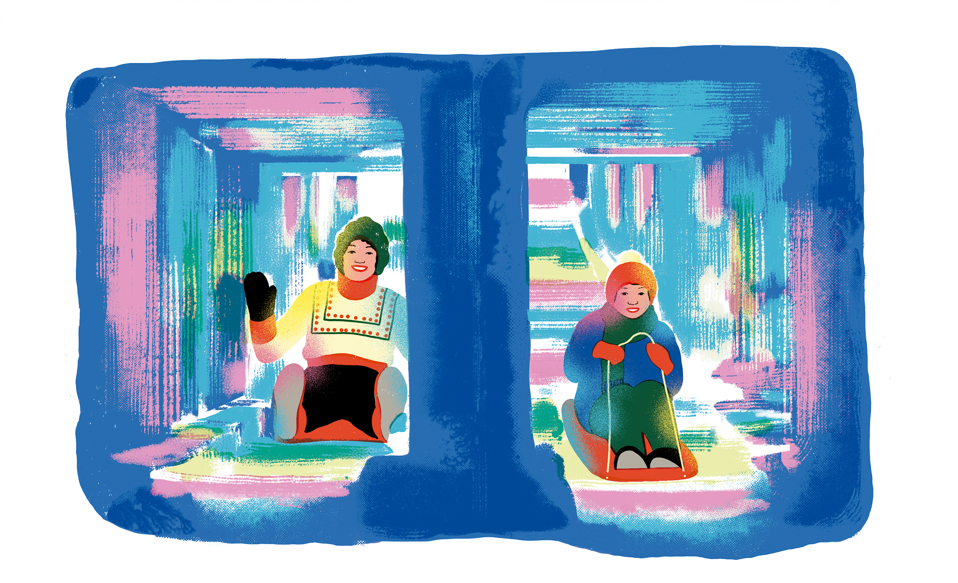 Illustration of two children sledding in the winter.