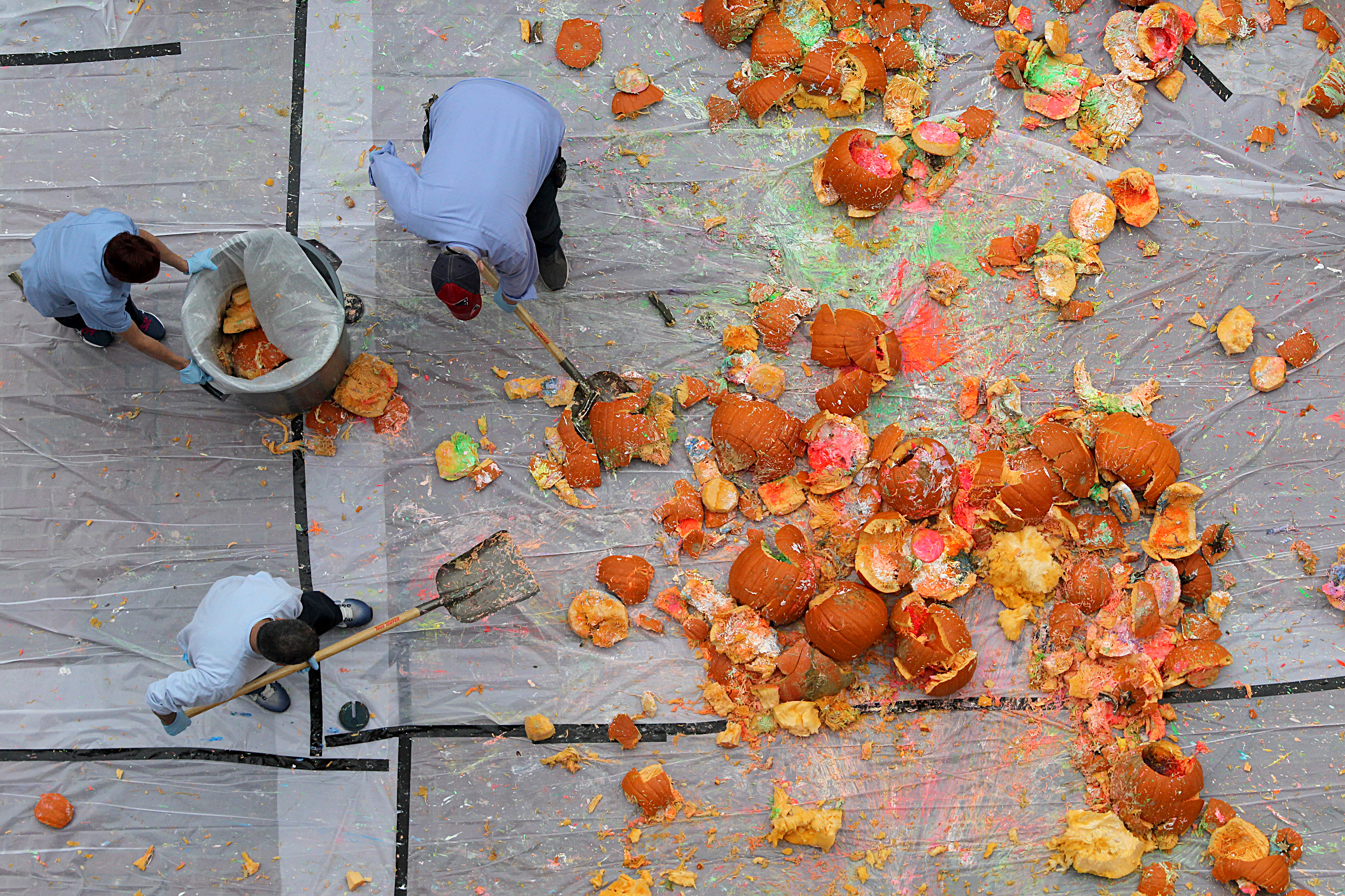 Cleanup began following the 15th Annual BU Physics Pumpkin Drop on Oct. 25. Approximately 50 pumpkins fell from the roof of the Metcalf Science Center.
