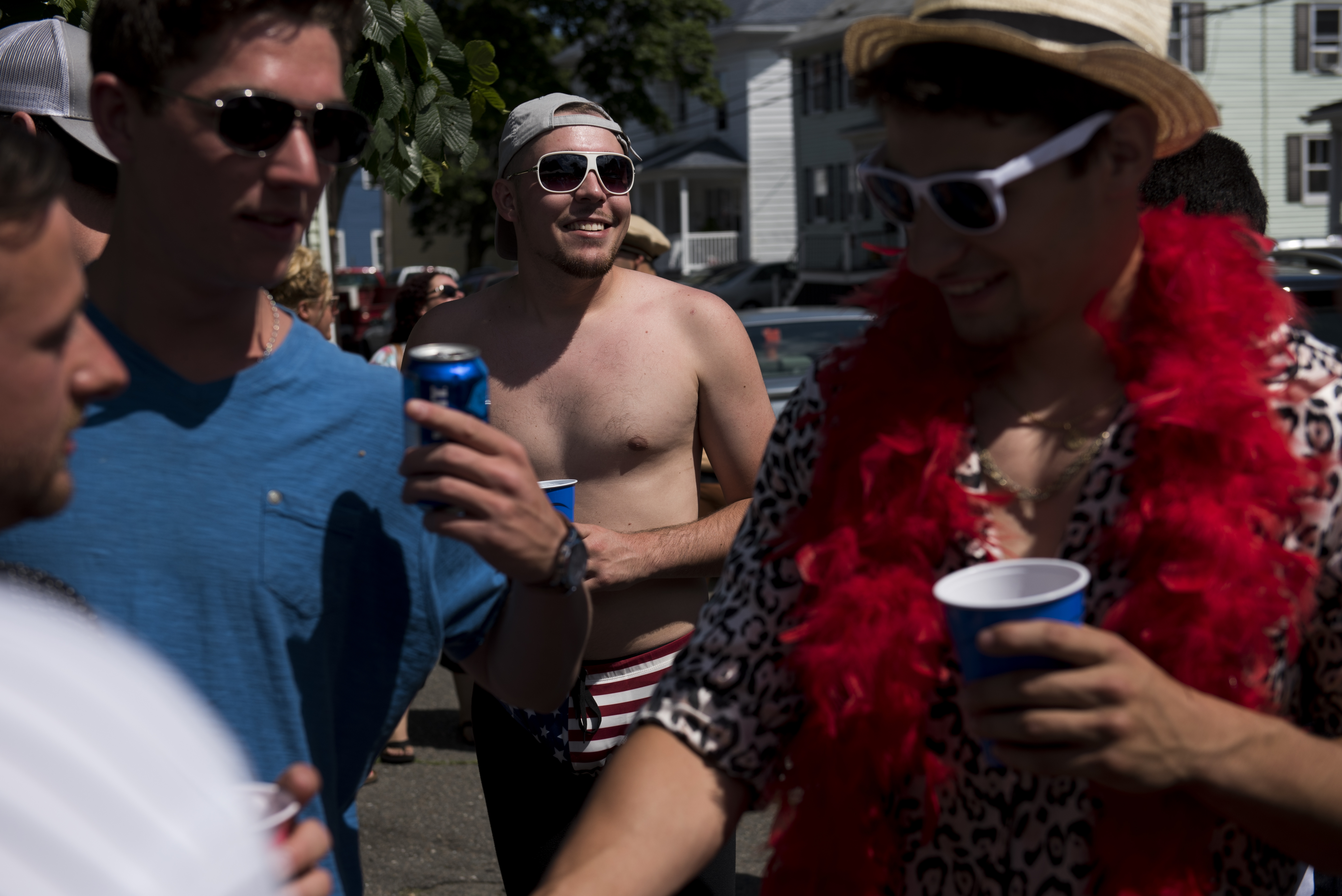 Randy Sweet, the winner of Friday's and Saturday's greasy pole competition, arrives at a house party Sunday.