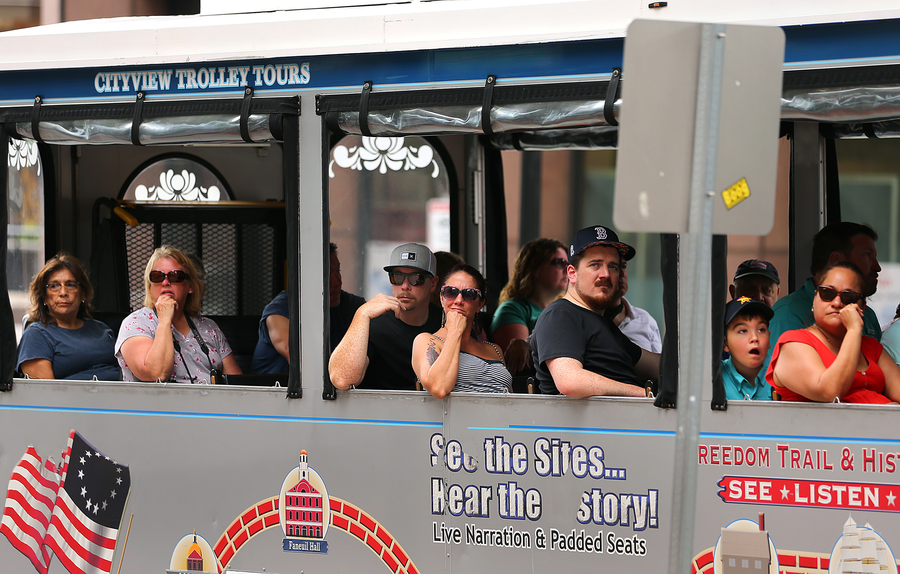 A CityView trolley traveled through the Financial District in downtown Boston.