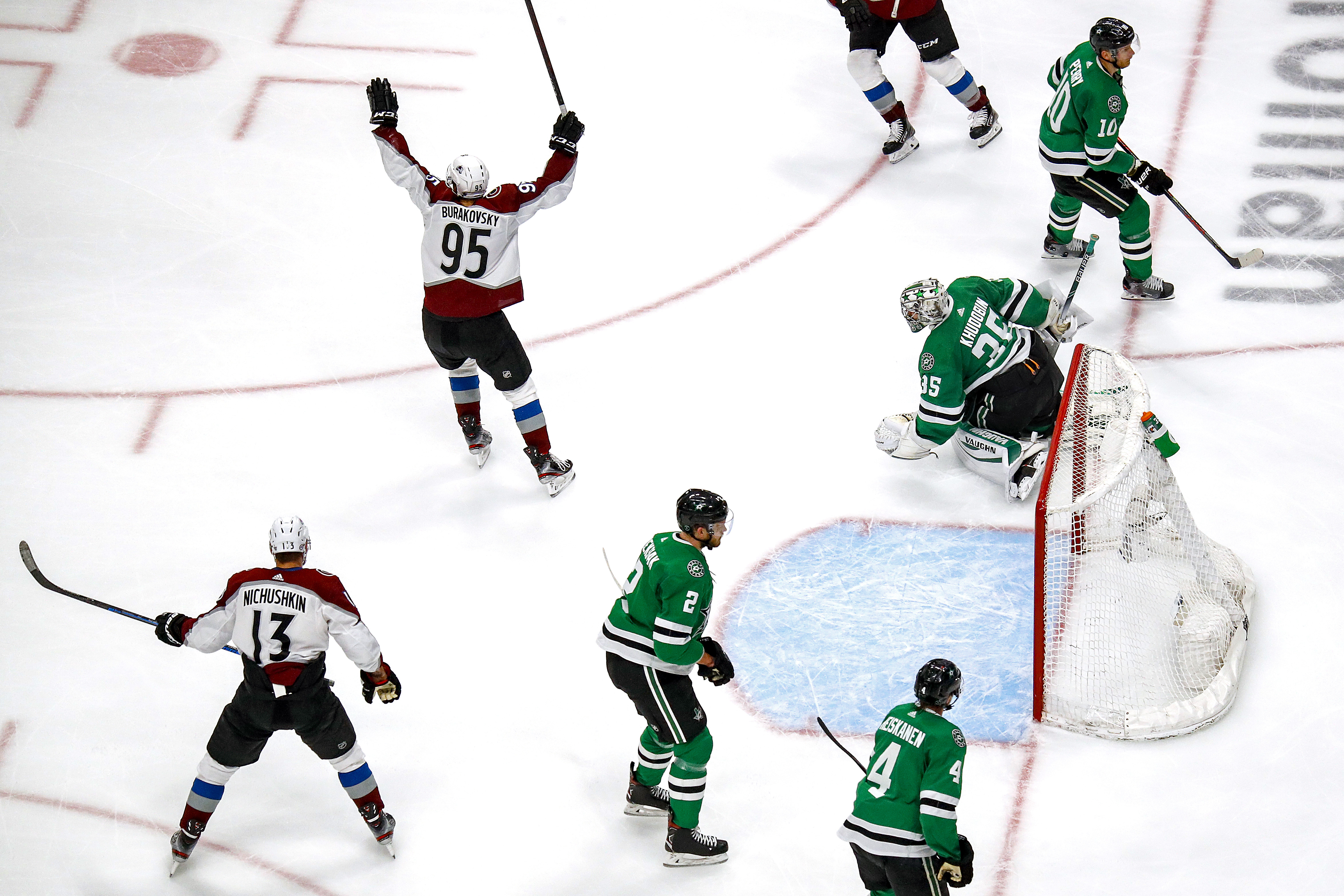 The Colorado Avalanche celebrate a goal by Nazem Kadri (not pictured) in the third period of Game 3 late Wednesday night.