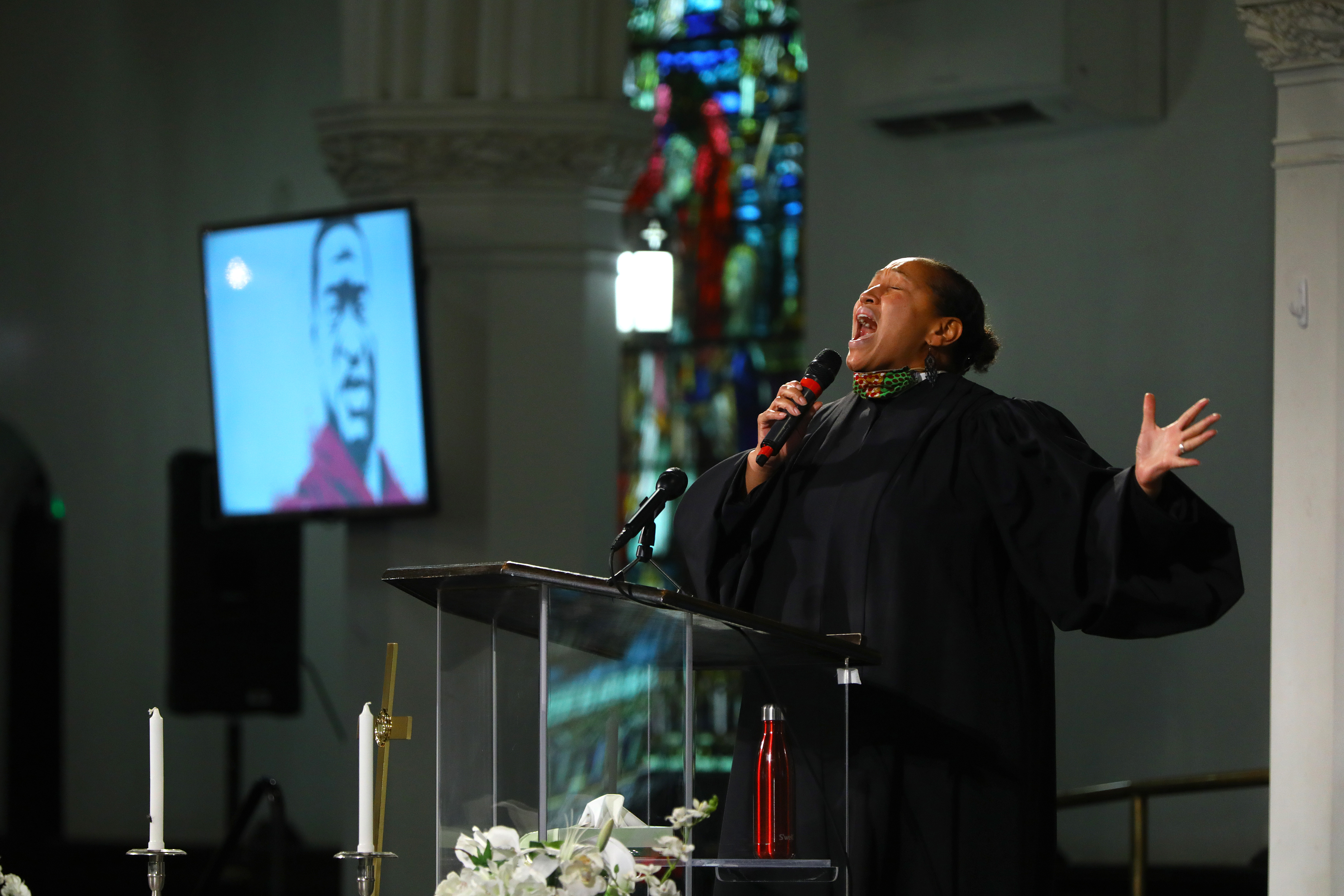 The Rev. Mariama White-Hammond, pastor of New Roots AME Church, referenced not being able to breathe in her eulogy.