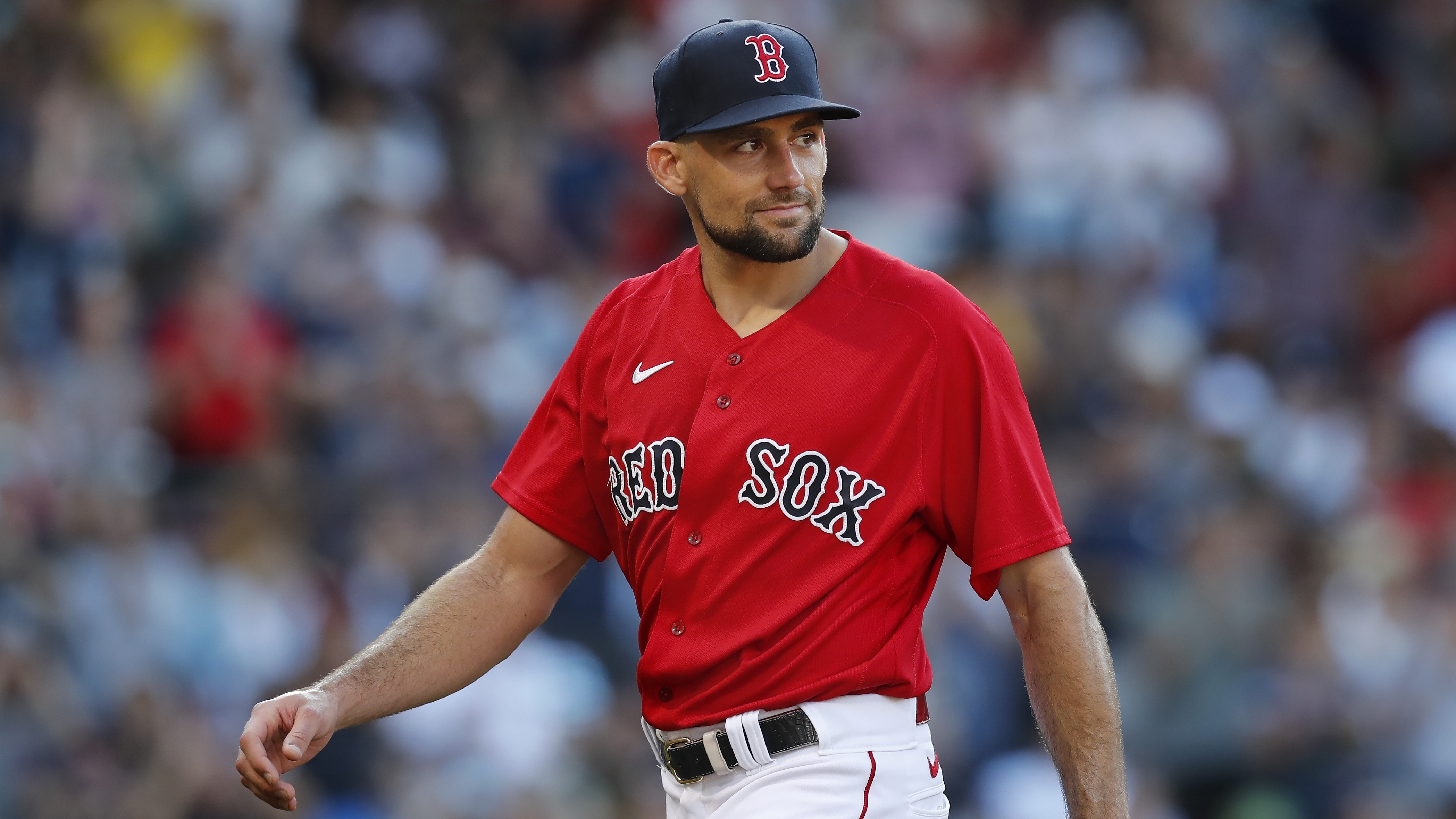 Nathan Eovaldi was pulled in the eighth inning of Saturday's shocking loss.