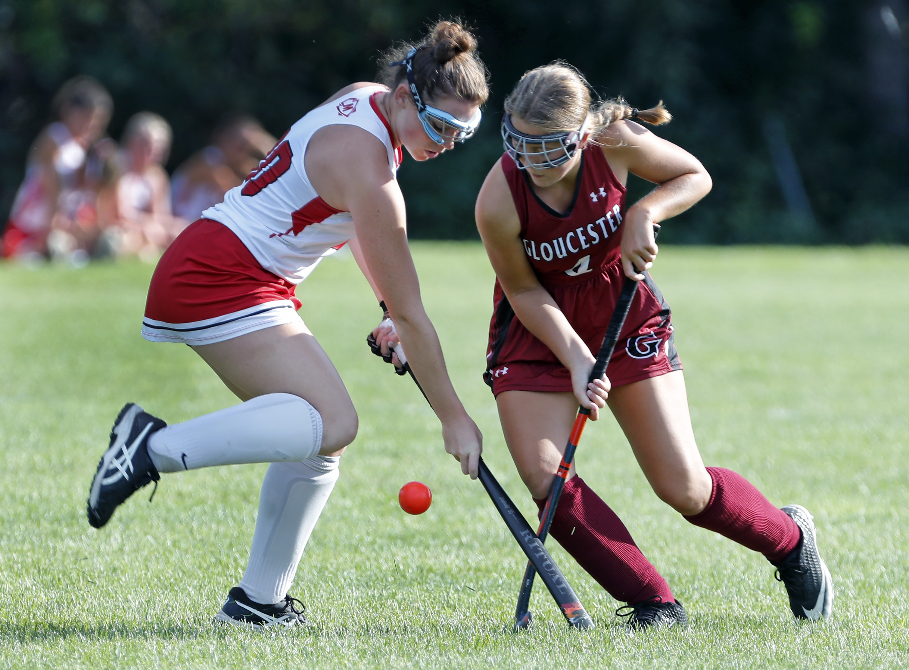 Masconomet's Allison Baker (left) and Gloucester's Abby Lowthers battle for possession during Monday's Northeastern Conference game.