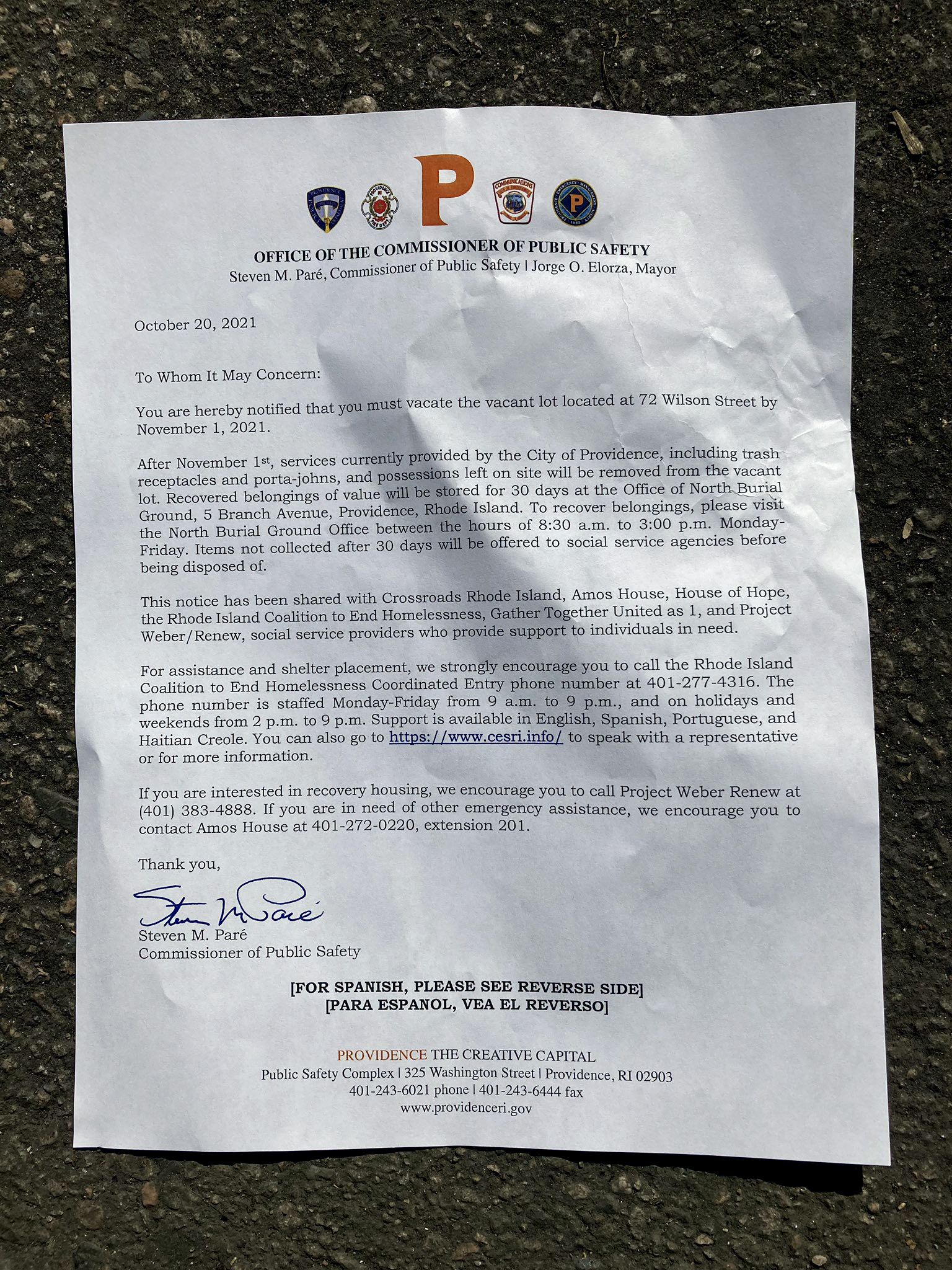 A notice Providence Police Department gave notifying people to vacate the Wilson Street encampment by Nov. 1, 2021.