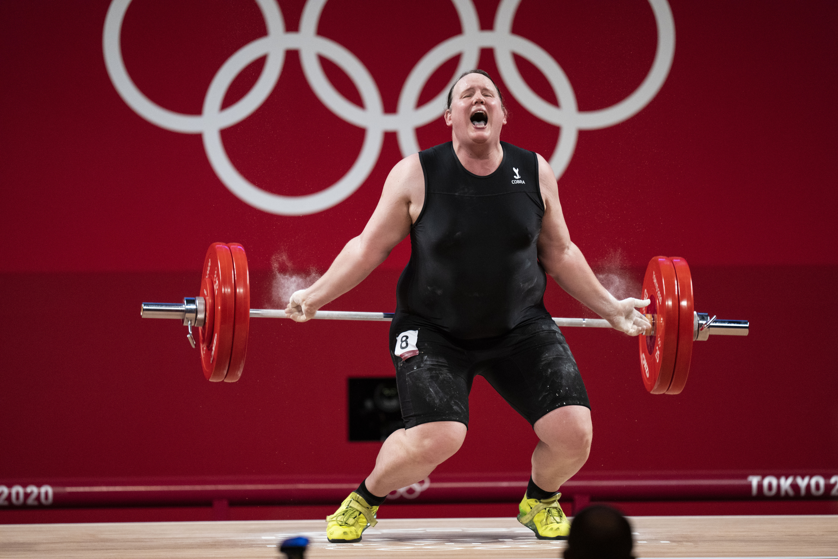 Laurel Hubbard of New Zealand, who became the first openly transgender woman to compete at a Summer Olympics, during one of her attempts in the weightlifting competition in Tokyo on Aug. 2.