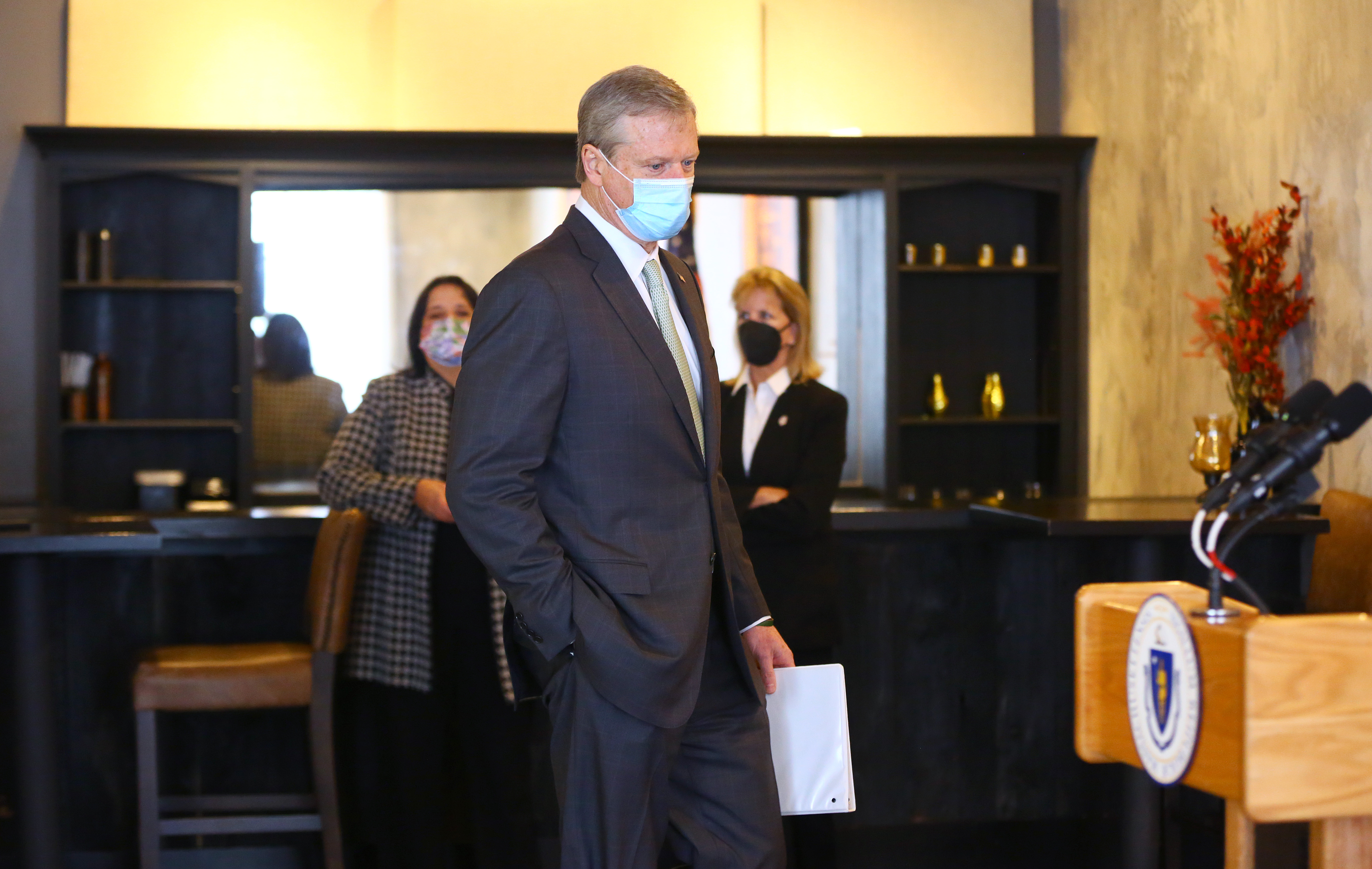 Governor Charlie Baker entered a dining room, at Ledger Restaurant & Bar, in Salem, to give a coronavirus update and announce reopening plans for the Commonwealth on Thursday.