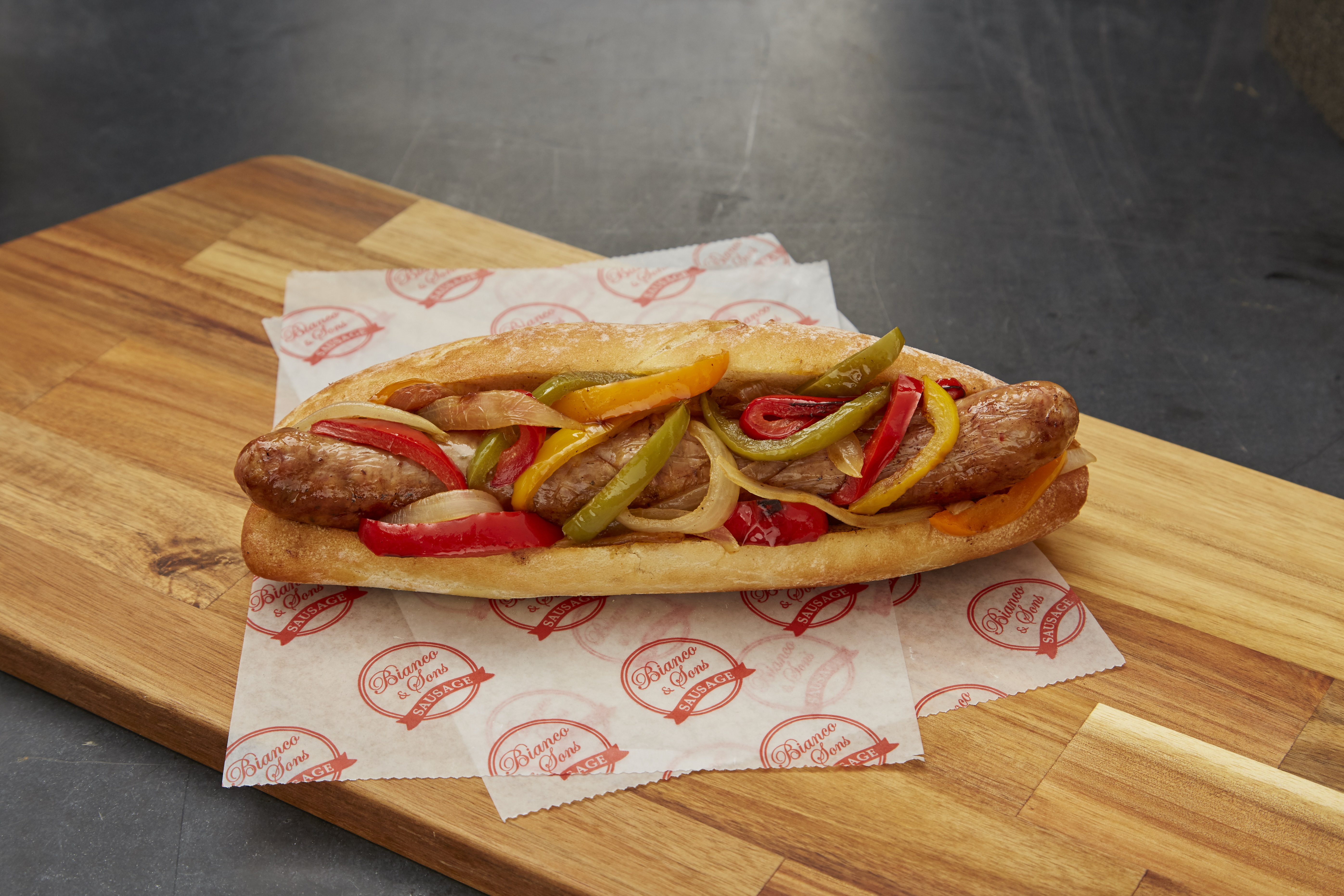 A Bianco & Sons sweet Italian sausage sandwich from Hub Hall.
