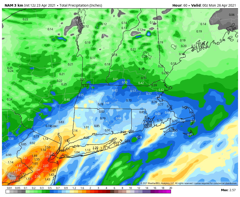 Notice the heaviest rainfall Sunday is expected south of the Mass Pike.
