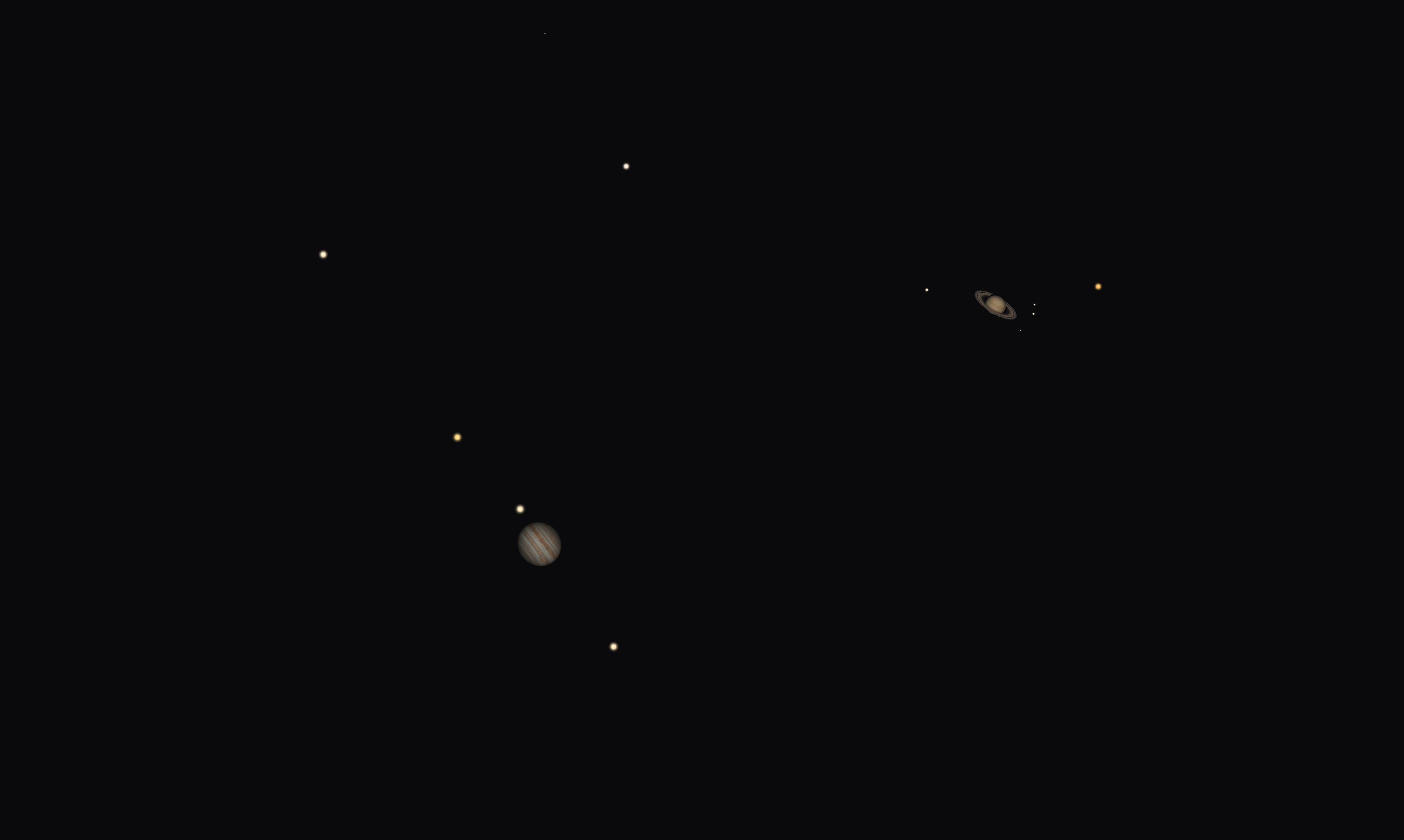 A zoomed in simulated photo of Jupiter, left, and Saturn, right, at 5:20 p.m. Dec. 21.