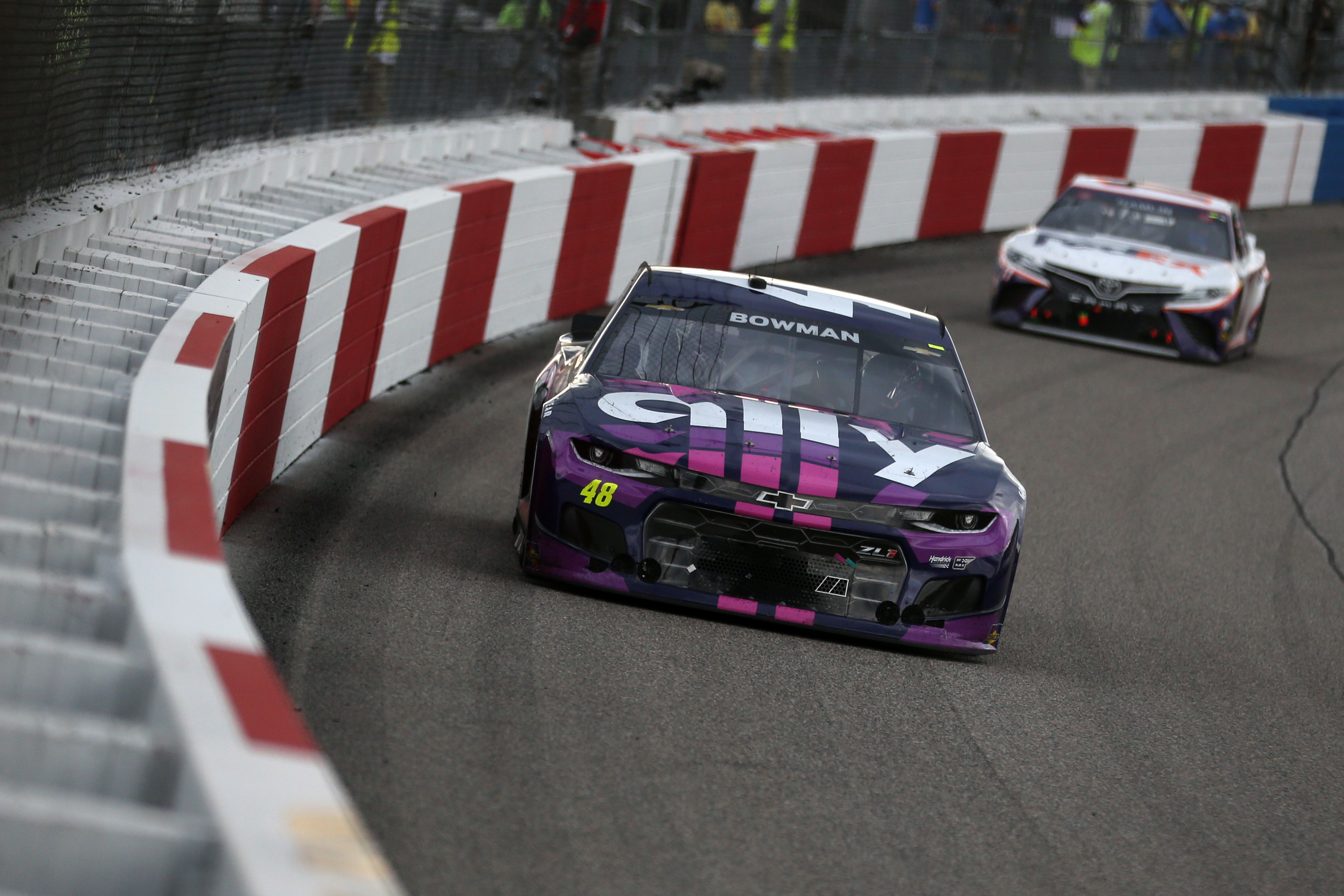 Alex Bowman got the jump on Denny Hamlin from a late restart to bring the No. 48 back to victory lane.