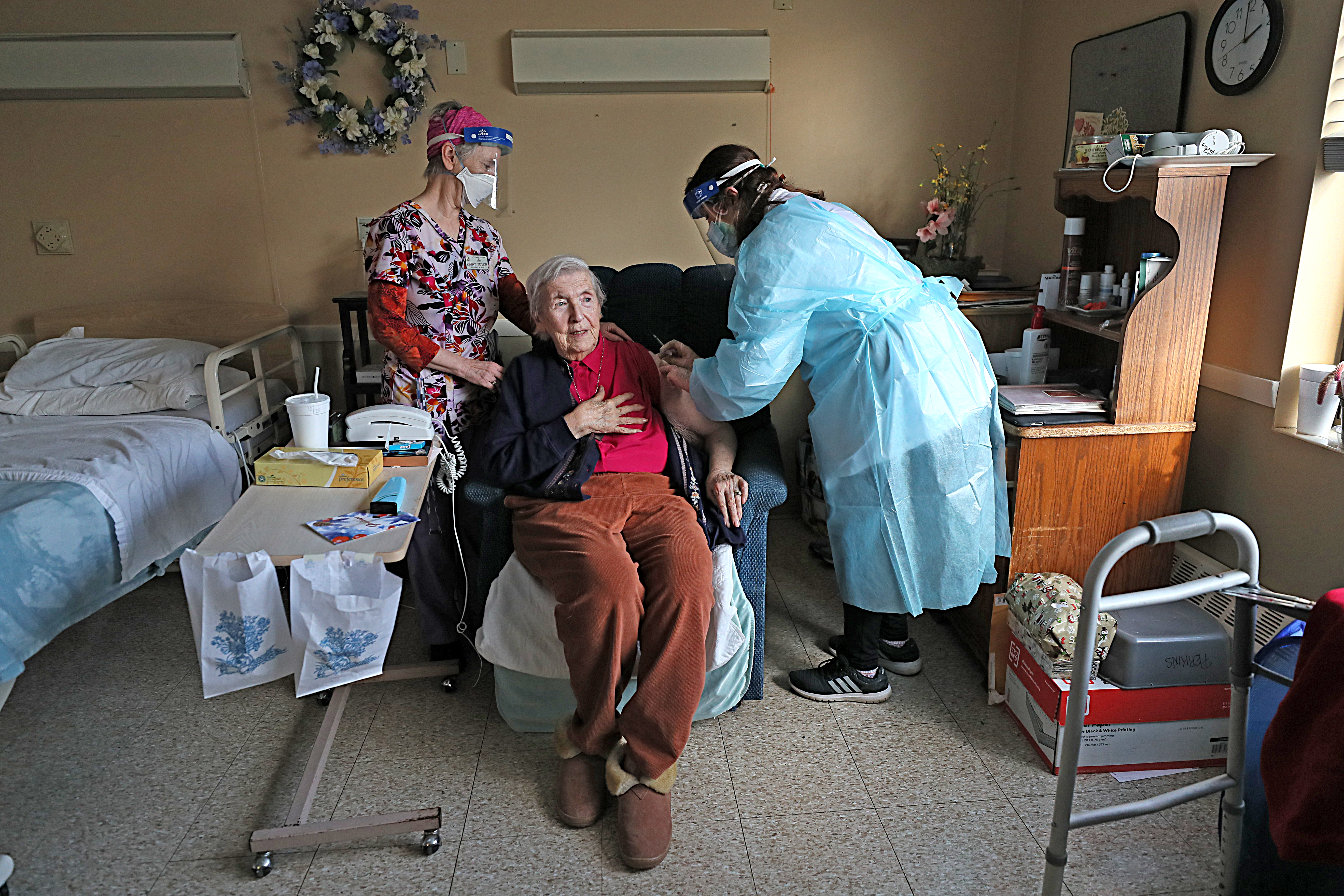 Life Care of Acton resident Mary Perkins, 88, received her coronavirus COVID-19 vaccine.