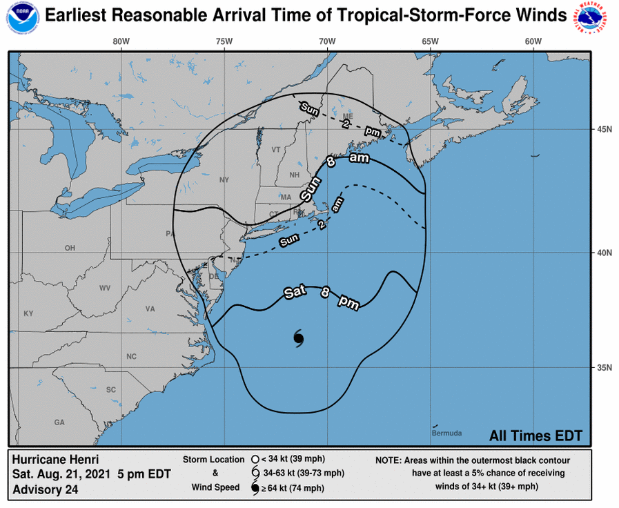 The arrival time of tropical storm-force winds.