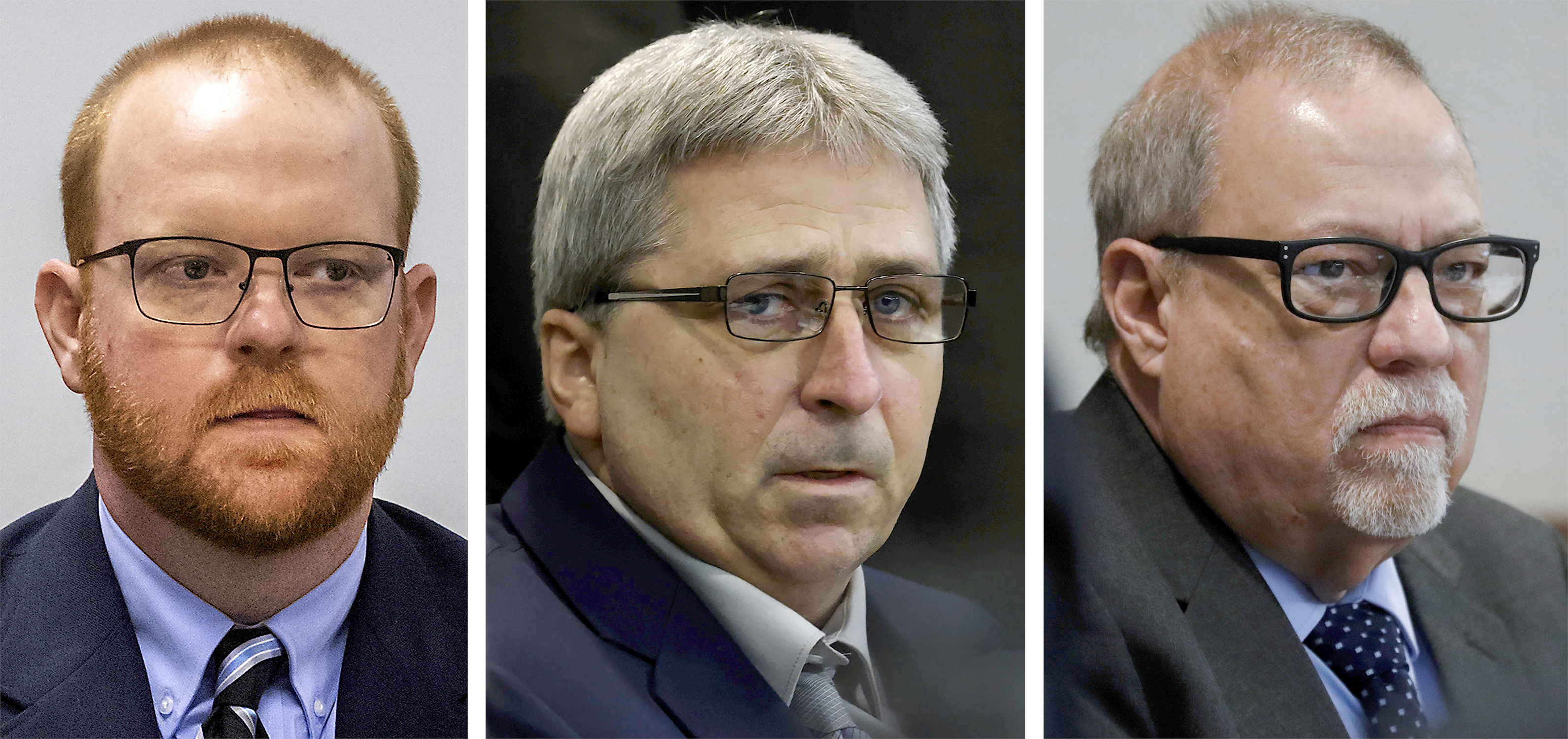 From left, Travis McMichael, William "Roddie" Bryan, and Gregory McMichael during their trial at at the Glynn County Courthouse in Brunswick, Ga.