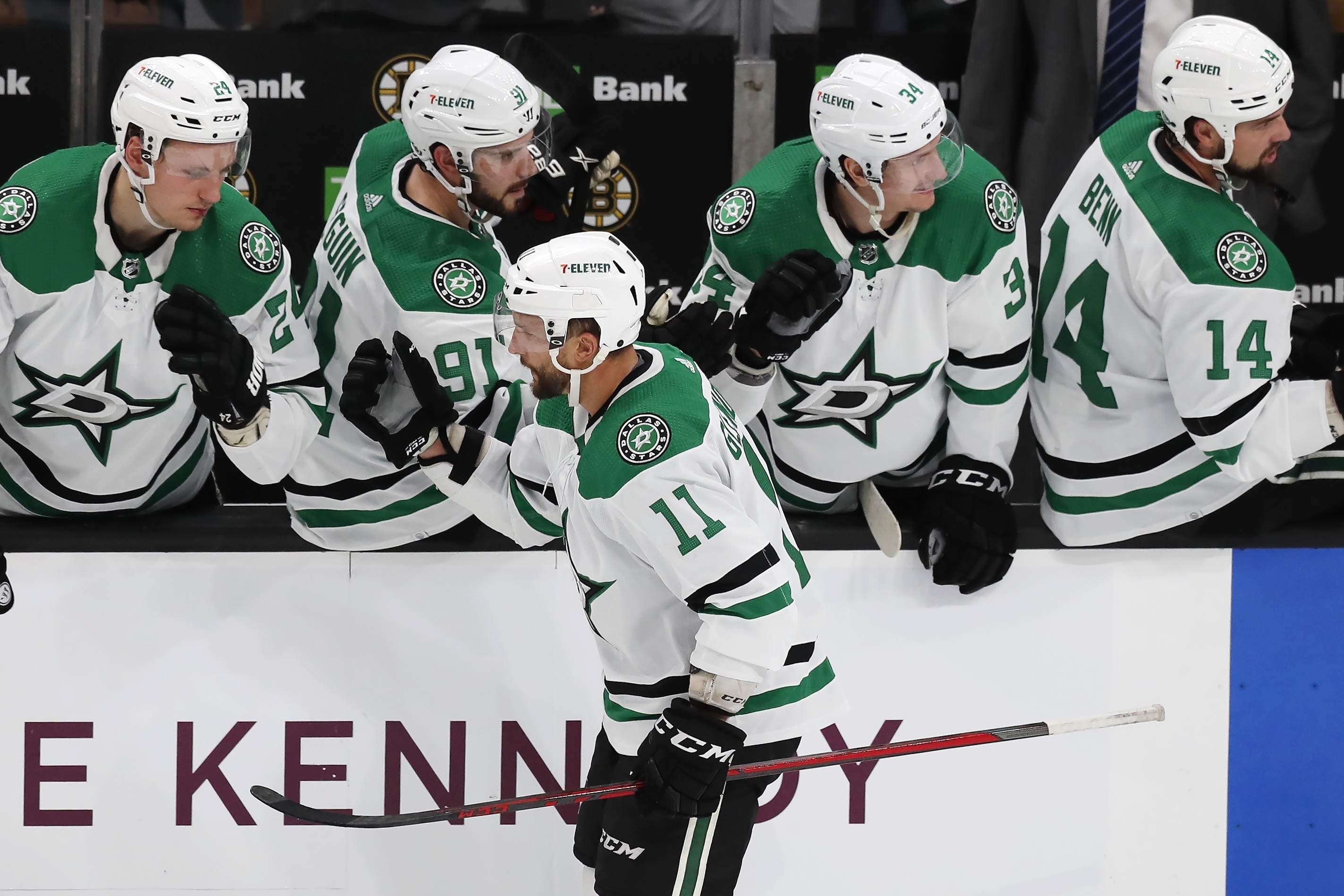 Dallas' Luke Glendening celebrates his second-period goal against the Bruins on Saturday.