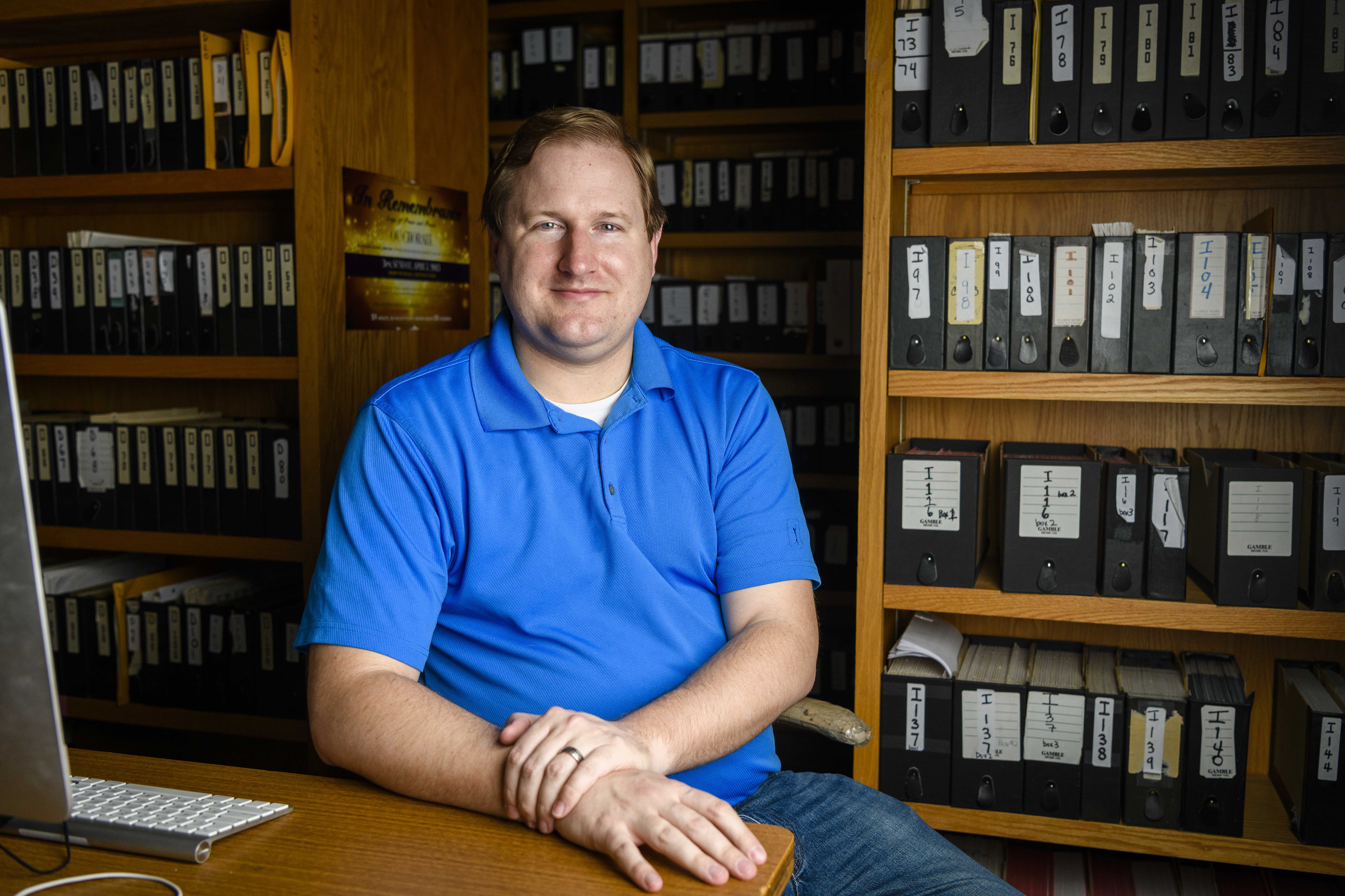Jeff Gonda, a doctoral music student with a focus on choral conducting at the University of Oklahoma, at the school's Catlett Music Center in Norman, Okla., on Feb. 24.