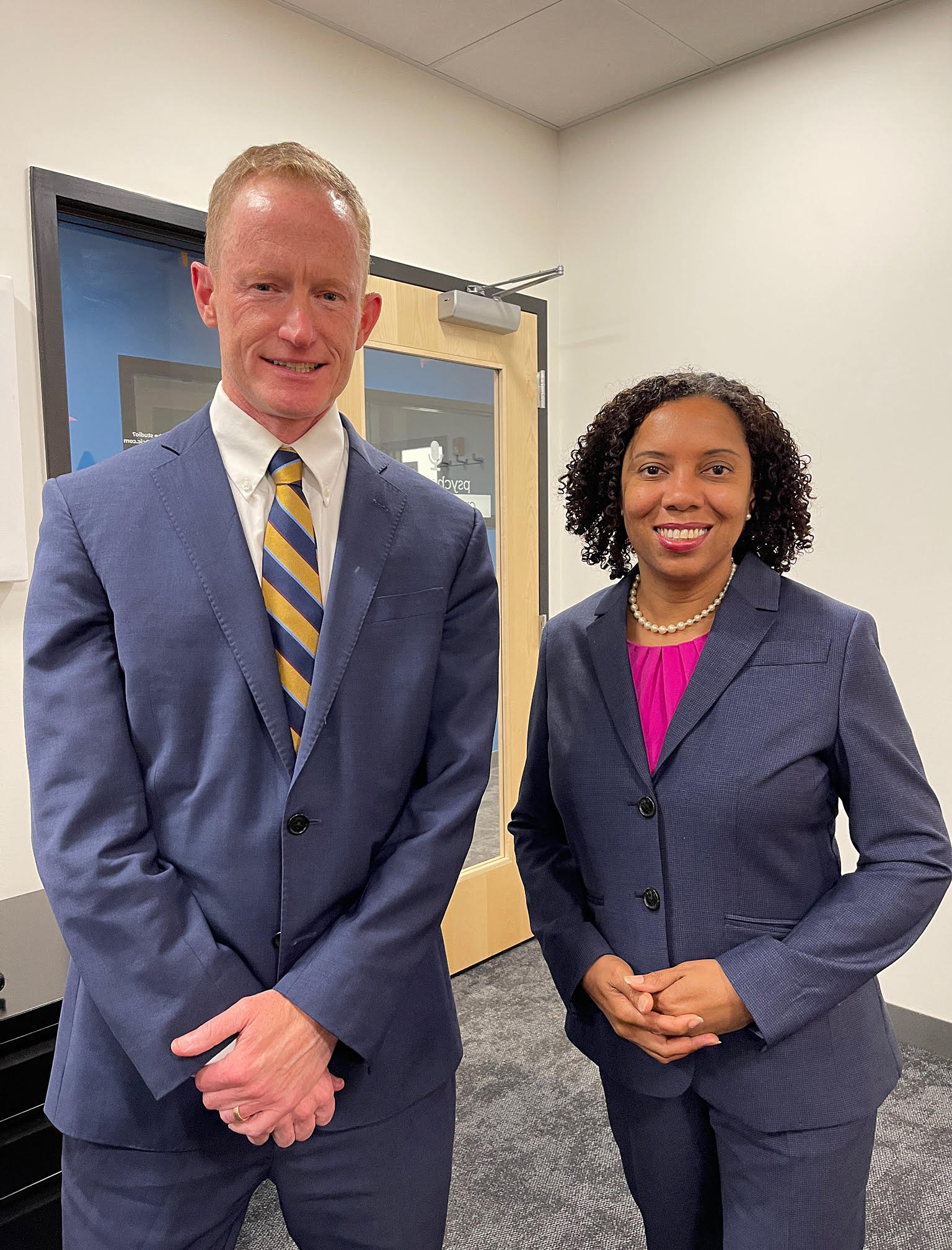 Boston Globe reporter Edward Fitzpatrick with Lieutenant Governor Sabina Matos at the podcast studio in the CIC Providence space at the Wexford Innovation Center.