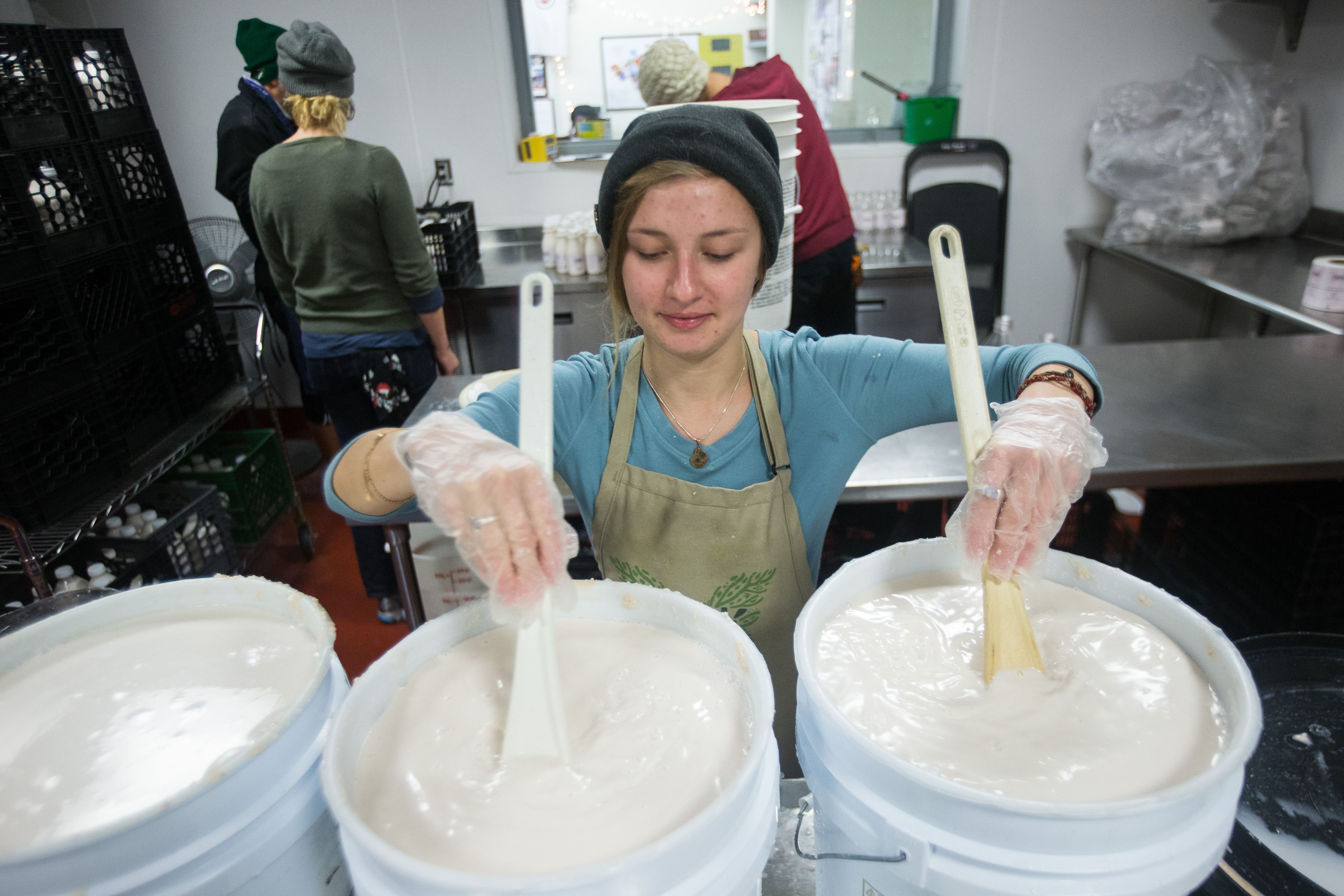 Vera Sizintseva of Jubali stirred vats of almond milk at the CommonWealth Kitchen in 2015.