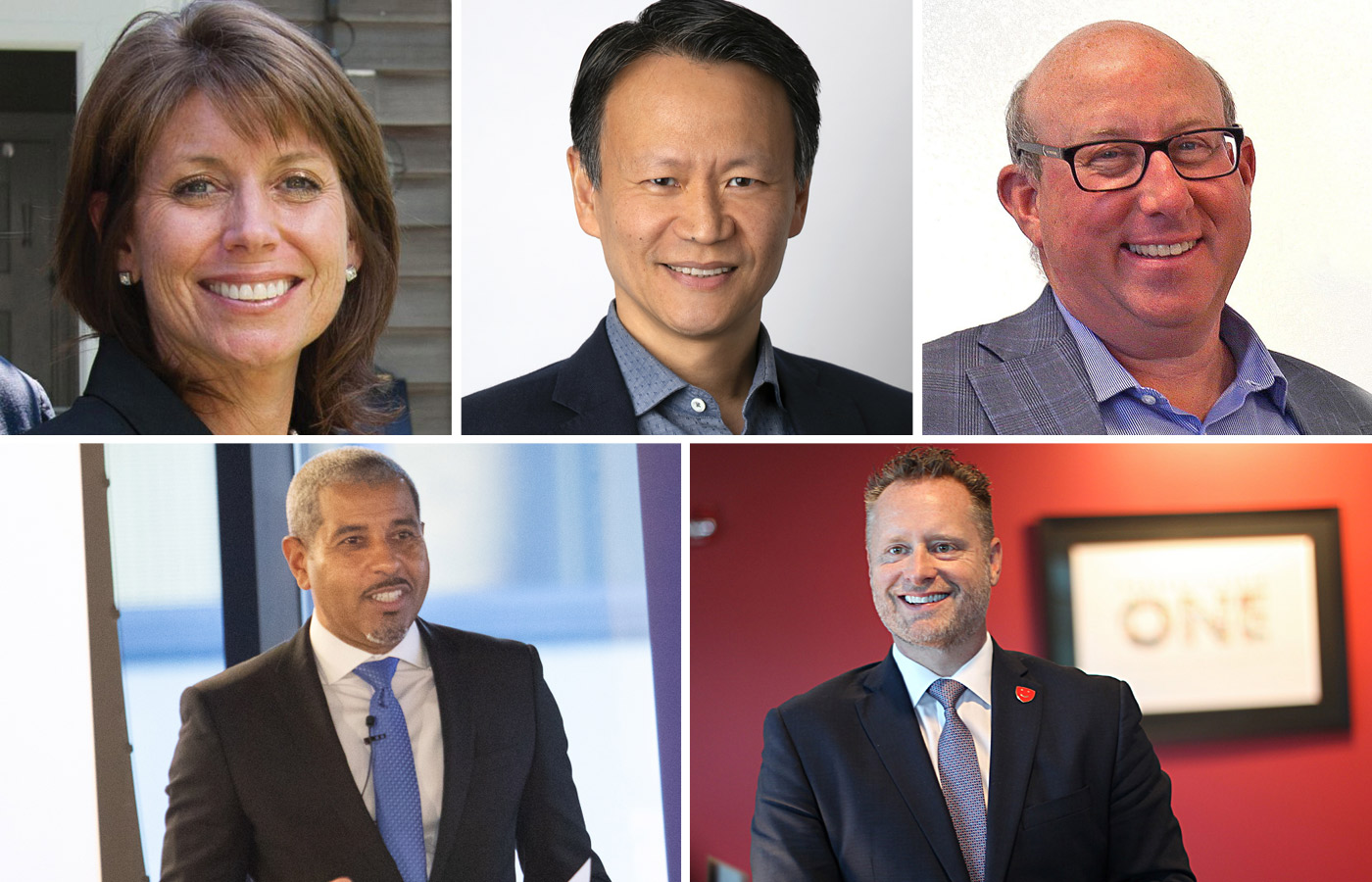 Top row, from left: Carol Bulman, CEO of Jack Conway & Co.; Yuchun Lee, CEO of Allego; and Jeff Leiden, chairman of Vertex Pharmaceuticals. Bottom row: Manny Lopes, CEO of East Boston Neighborhood Health Center, and Michael Carson, CEO of Harvard Pilgrim Health Care.