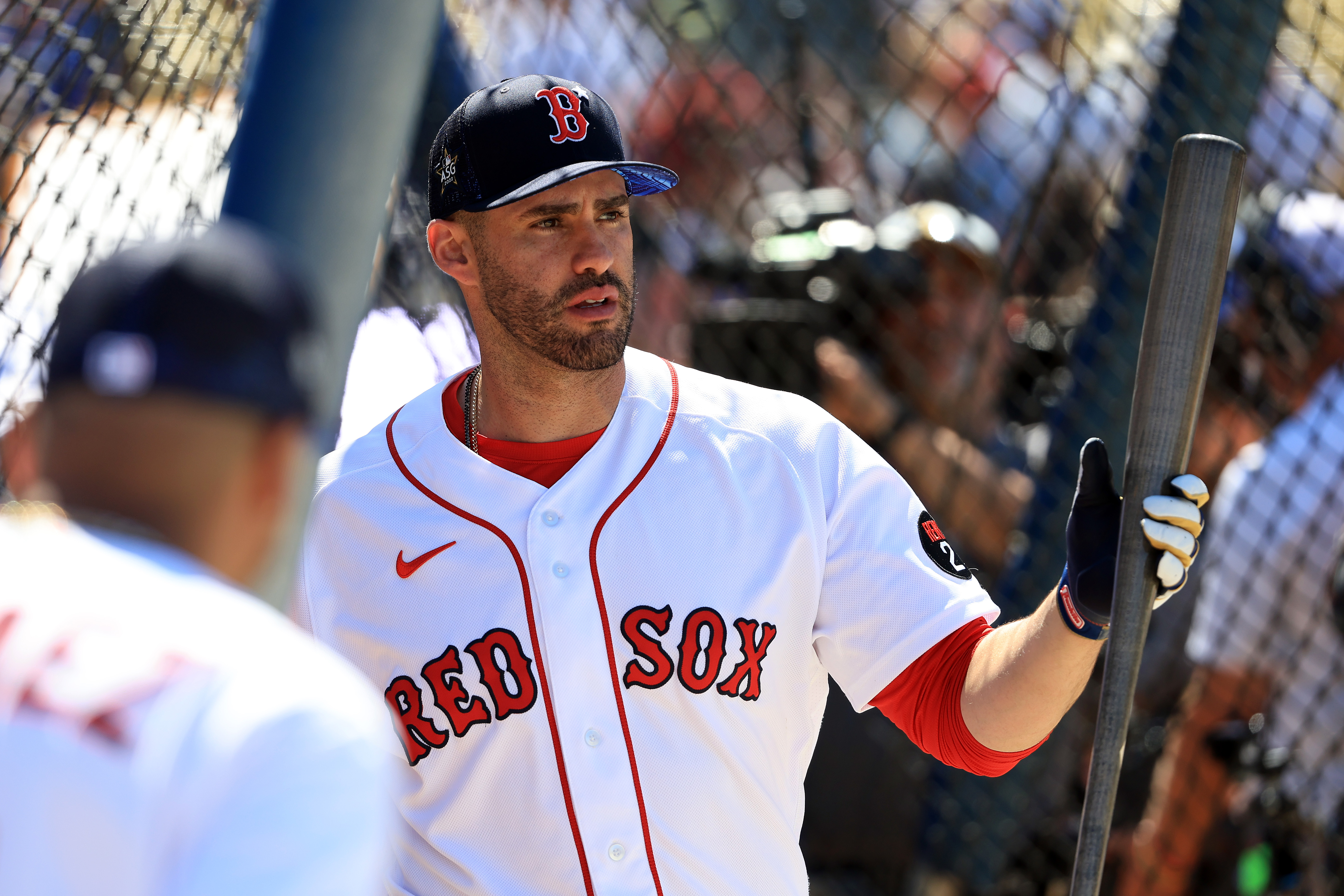 J.D. Martinez out of Red Sox lineup for 4th straight game in series opener  vs. Guardians; Boston wearing yellow and blue uniforms 