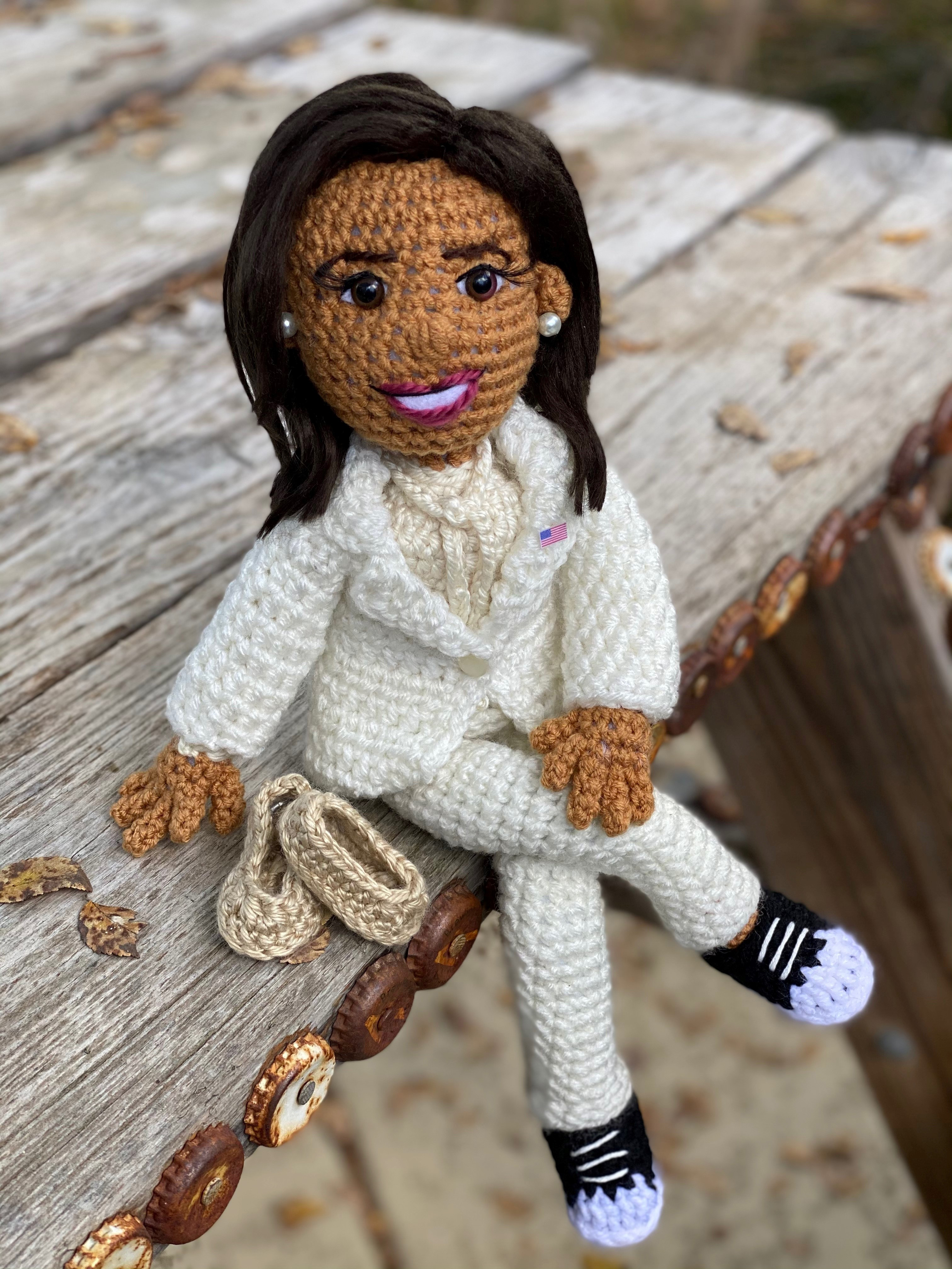 Allison Hoffman, owner of Crafty is Cool in Austin, designed an amigurumi pattern for a crocheted Kamala Harris doll.