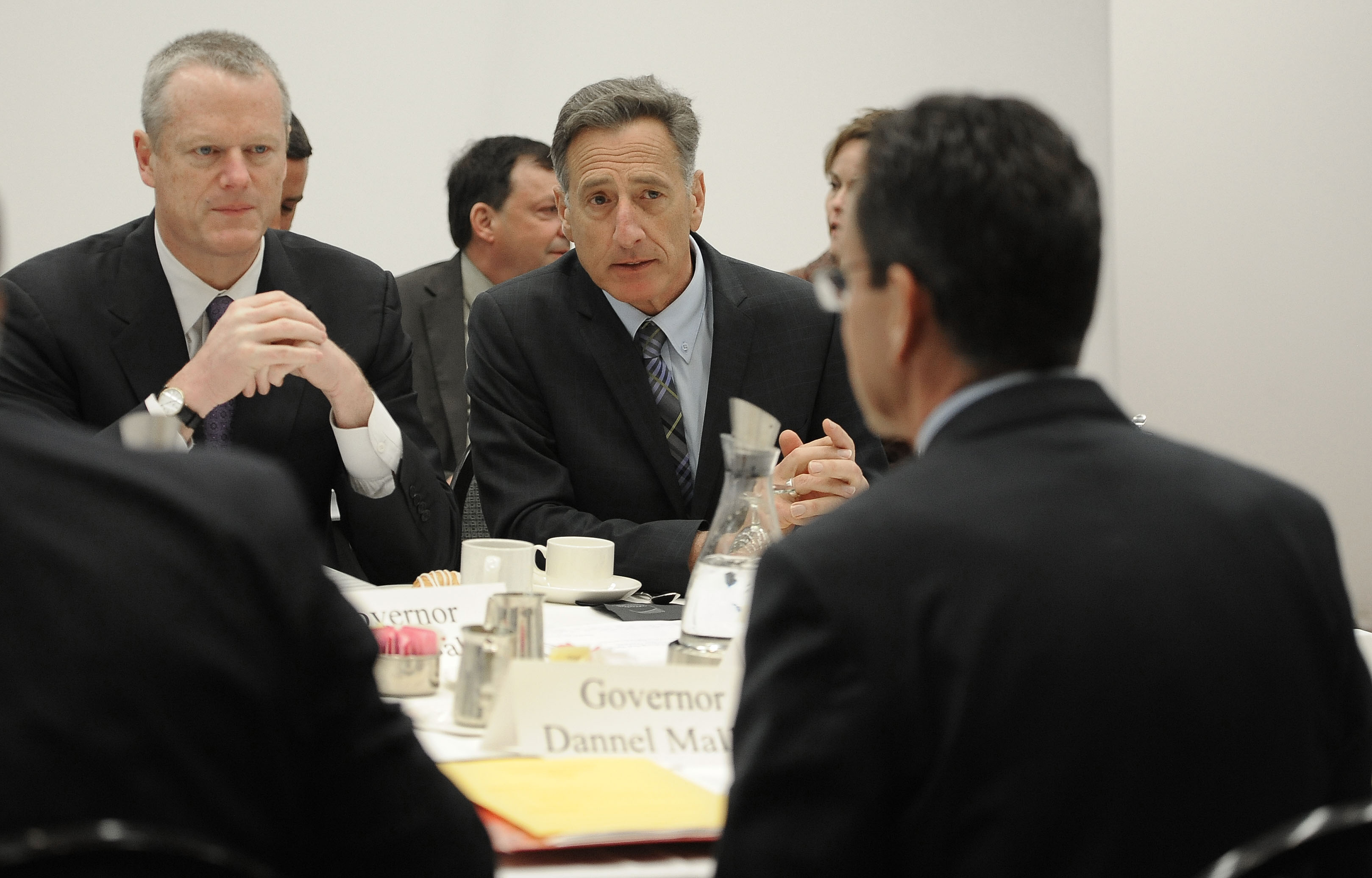 Governor Charlie Baker (left) met with other New England governors in 2015 regarding the region's long-term energy strategy. He was joined by Vermont Governor Peter Shumlin (center) and Connecticut Governor Dannel P. Malloy.