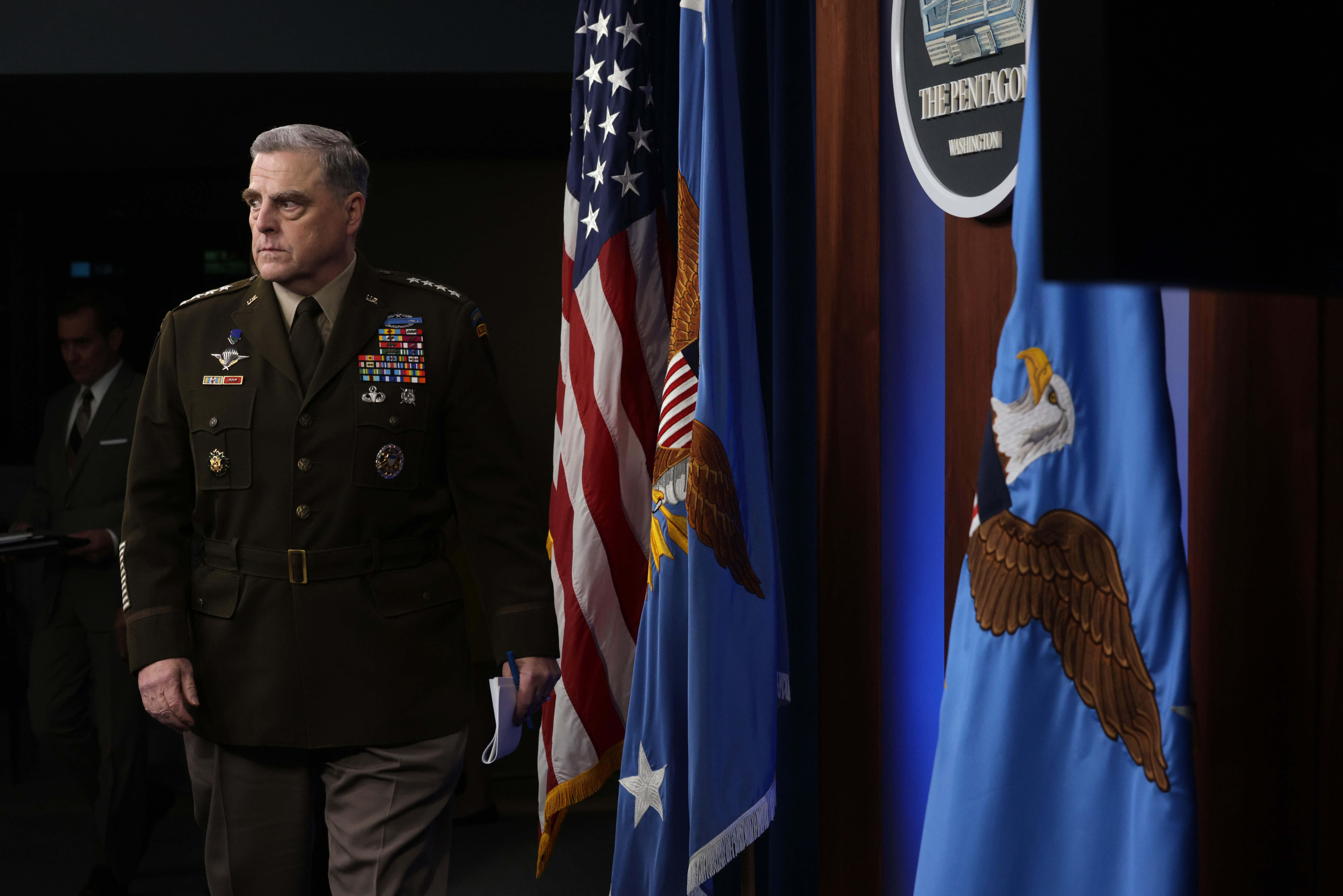Chairman of the Joint Chiefs of Staff General Mark Milley arrived at a news briefing at the Pentagon.