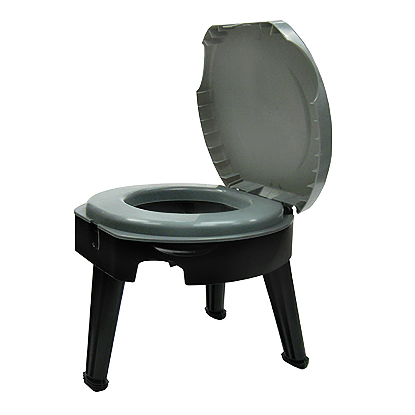The Fold-To-Go Portable Toilet has three folding legs that lock into place and can support up to 300 pounds.