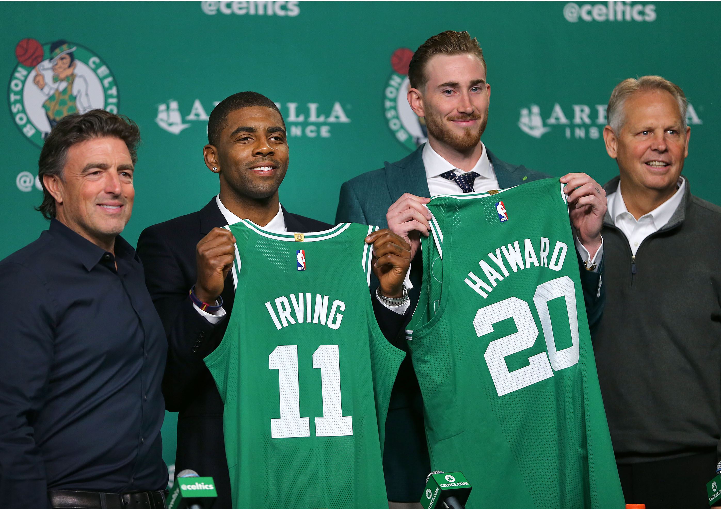Kyrie Irving and Danny Ainge were all smiles in 2017 when Irving -- along with Gordon Hayward -- was introduced to the Boston media.