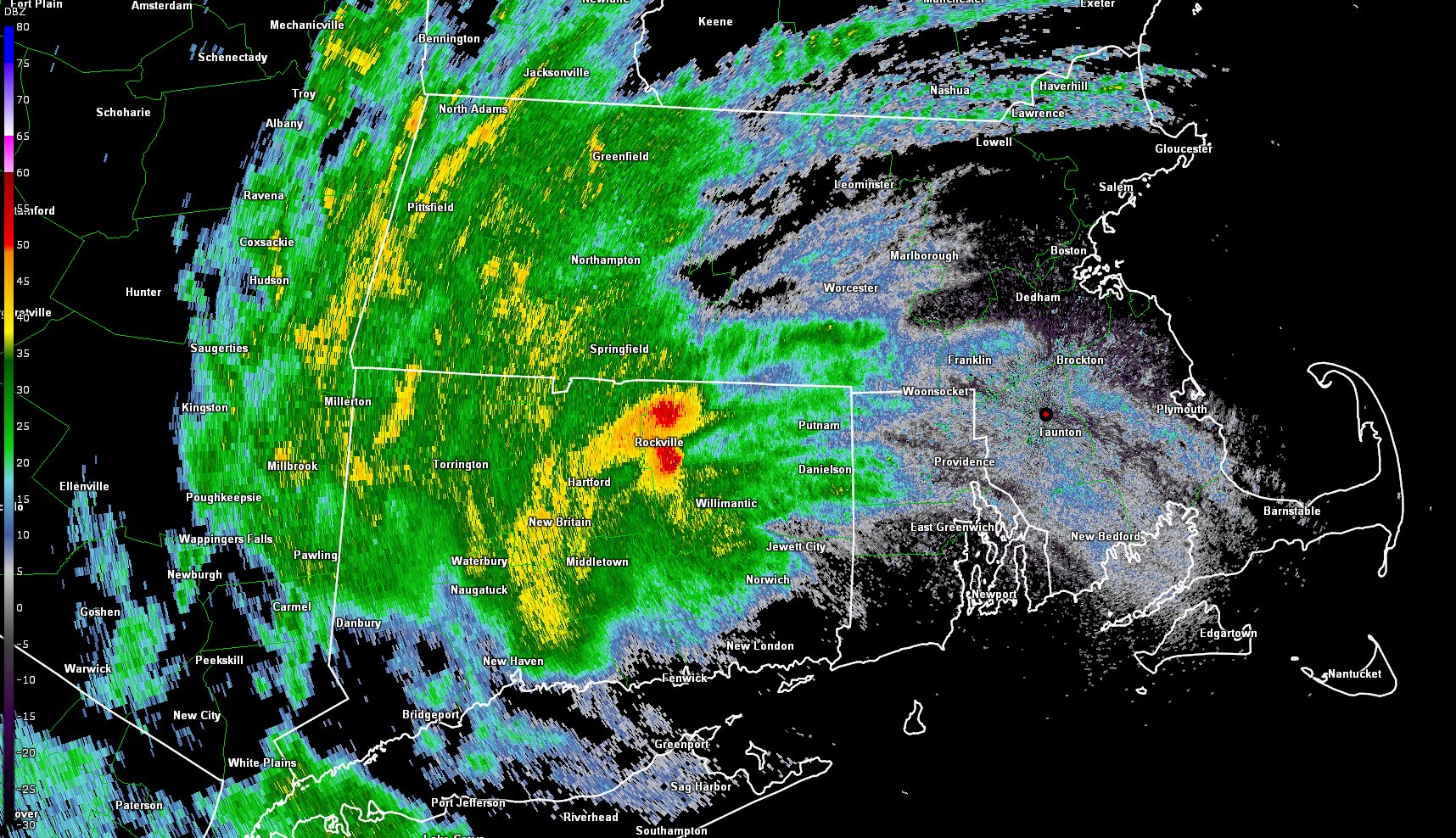 An image of Henri as it moves inland in New England.