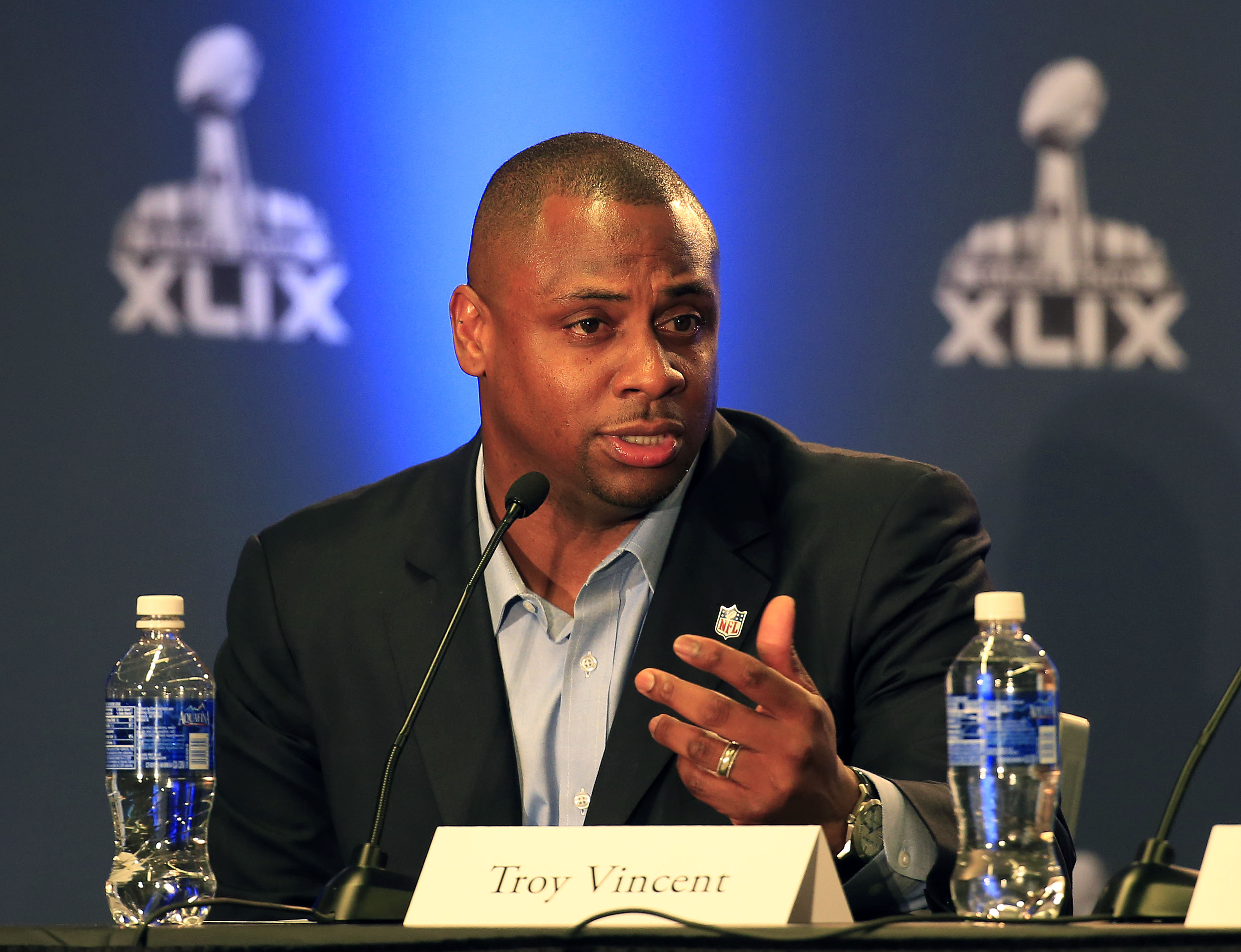 NFL Executive Vice President of Football Operations Troy Vincent speaks with the media before Super Bowl XLIX.