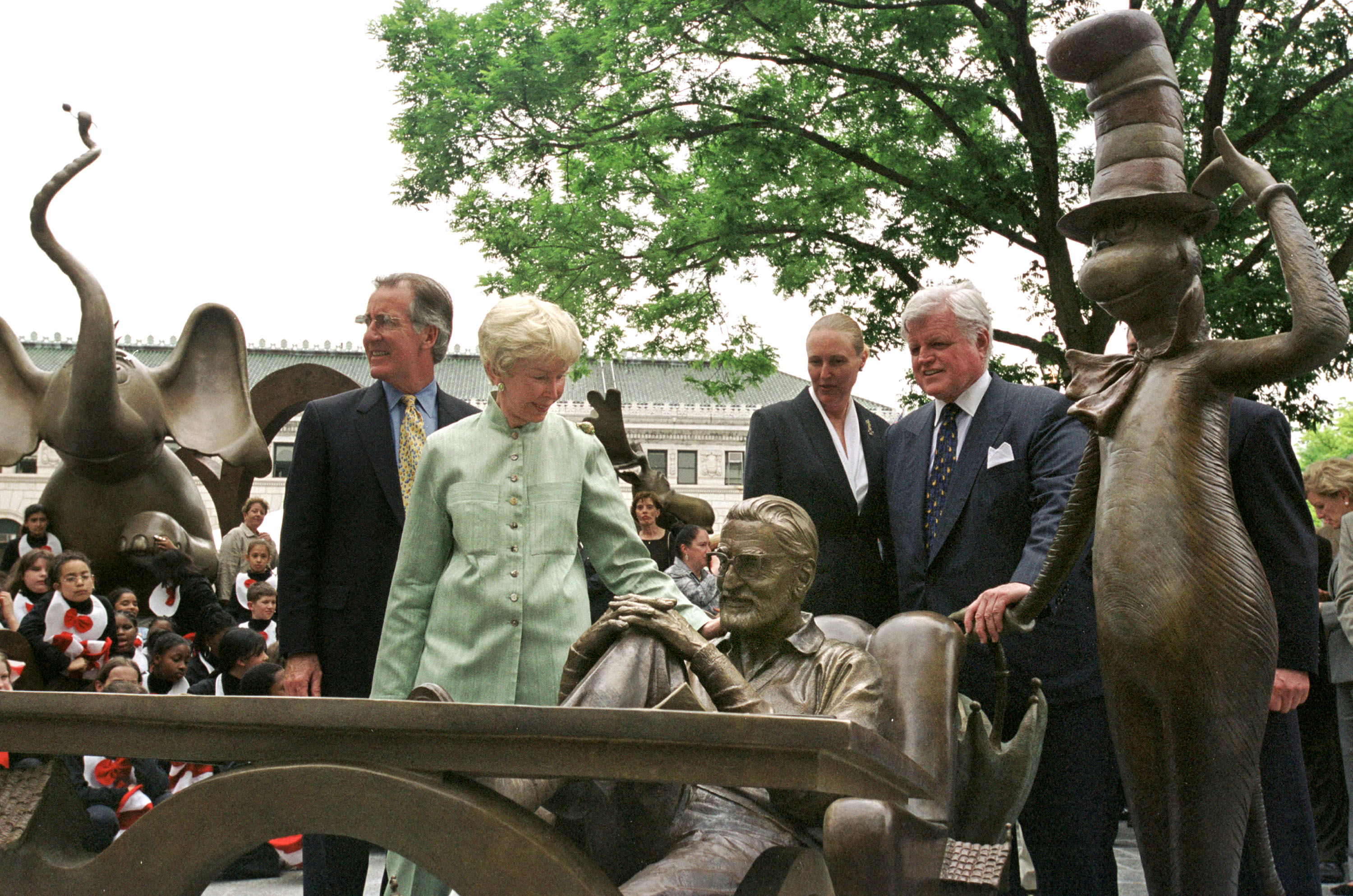 Audrey Geisel admires a statue of her late husband Theodore Geisel at the newly opened Dr. Seuss Memorial Sculpture Garden in 2001 in Springfield.