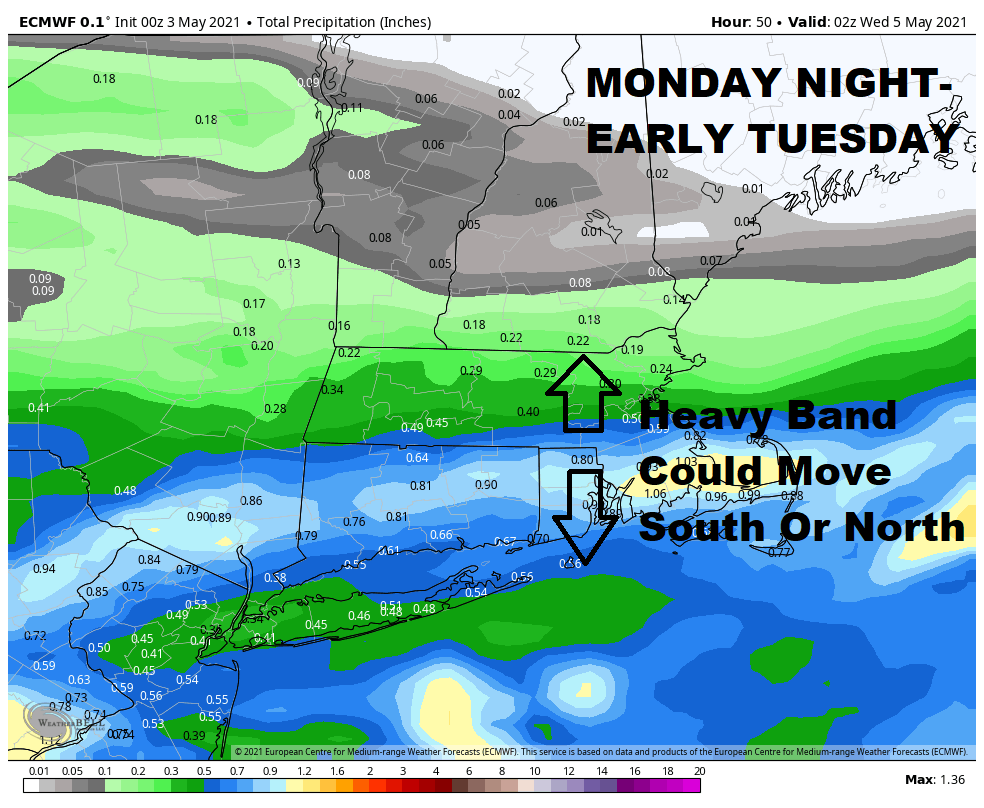 The EURO model has most of the rain south of the Mass Pike overnight and early Tuesday.