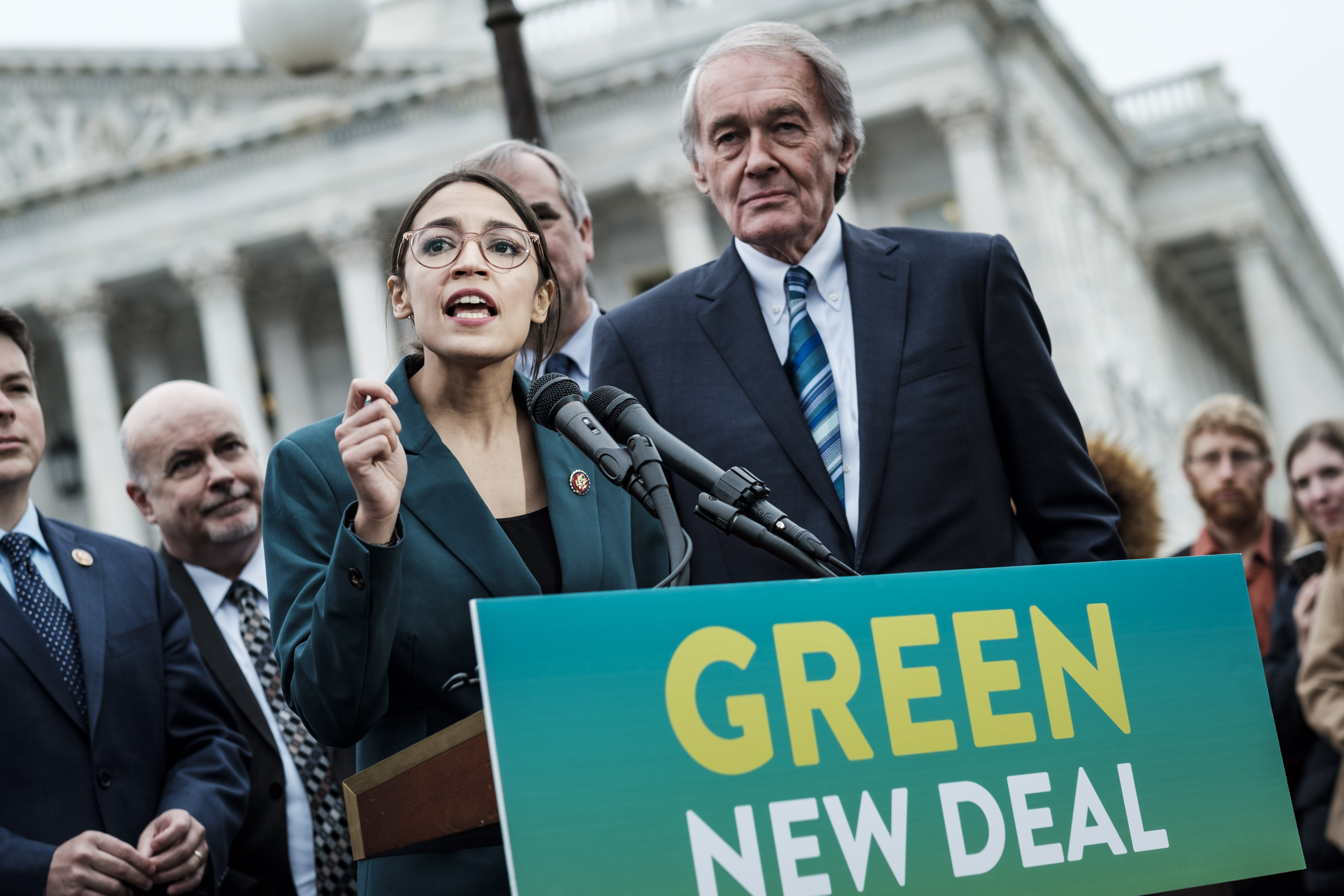 Representative Alexandria Ocasio-Cortez and Senator Ed Markey spoke about the Green New Deal in Washington in February 2019.