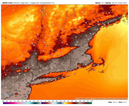 This model forecast shows it will feel near 100 degrees Friday afternoon.