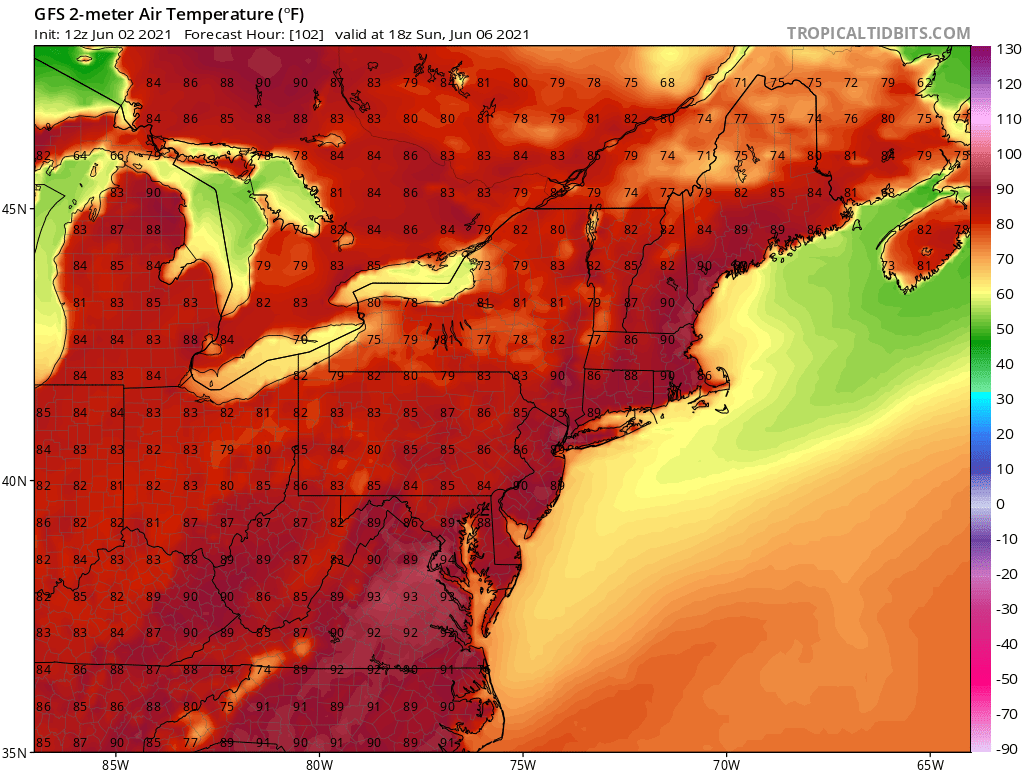 A map showing the eastern seaboard of the United States and high temperatures for the next week, many of which will reach into the 90s.