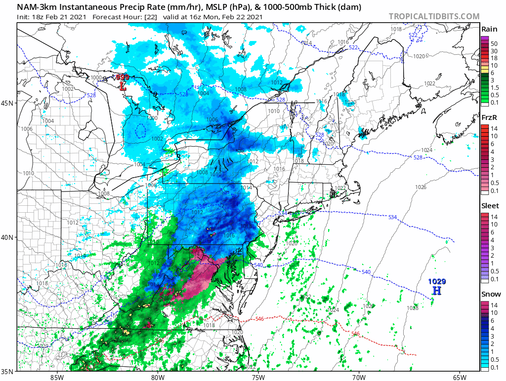 An area of rain and snow will cross the region on Monday afternoon and evening.