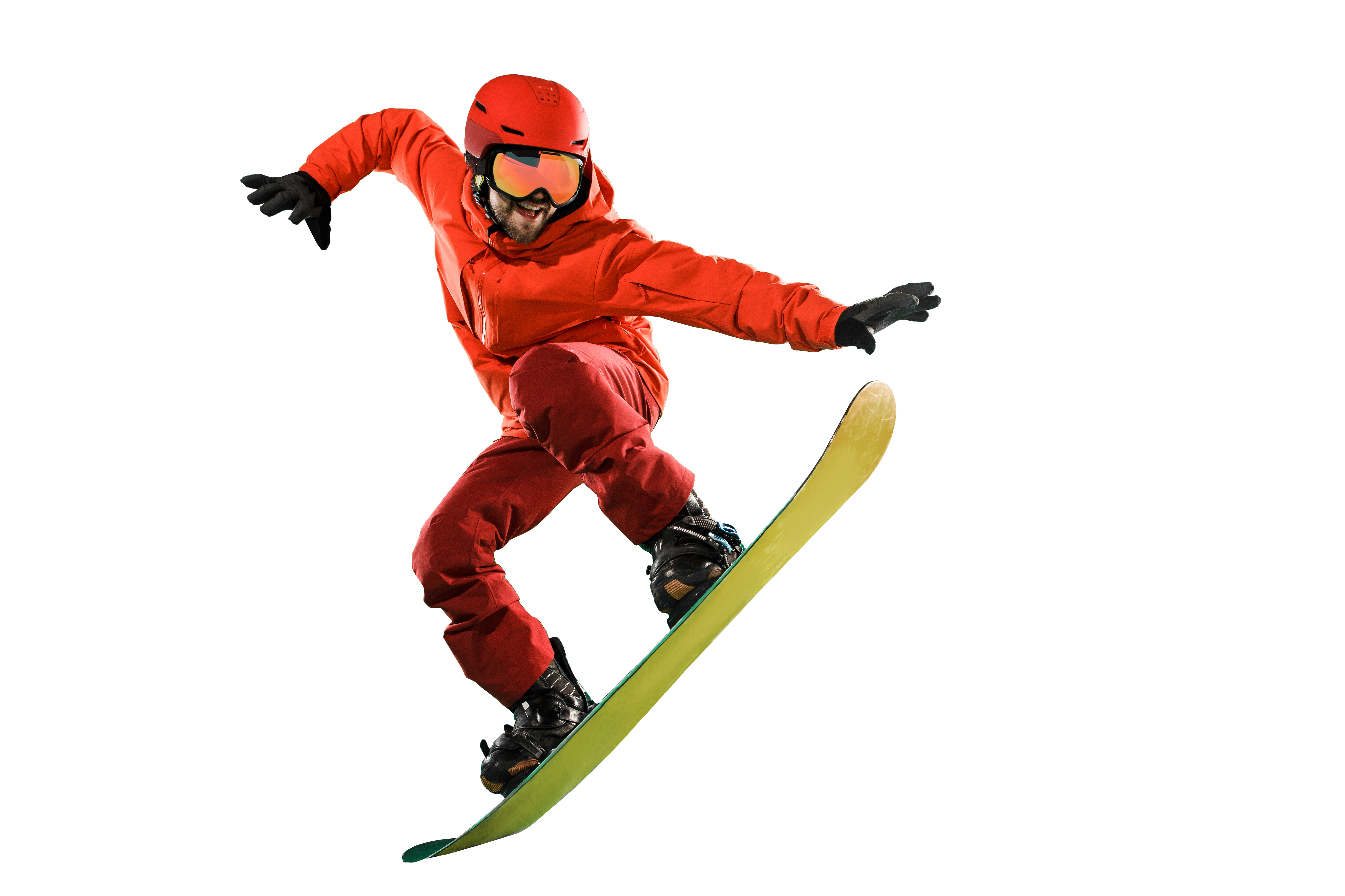 Portrait of young man in sportswear with snowboard isolated on a white studio background.
