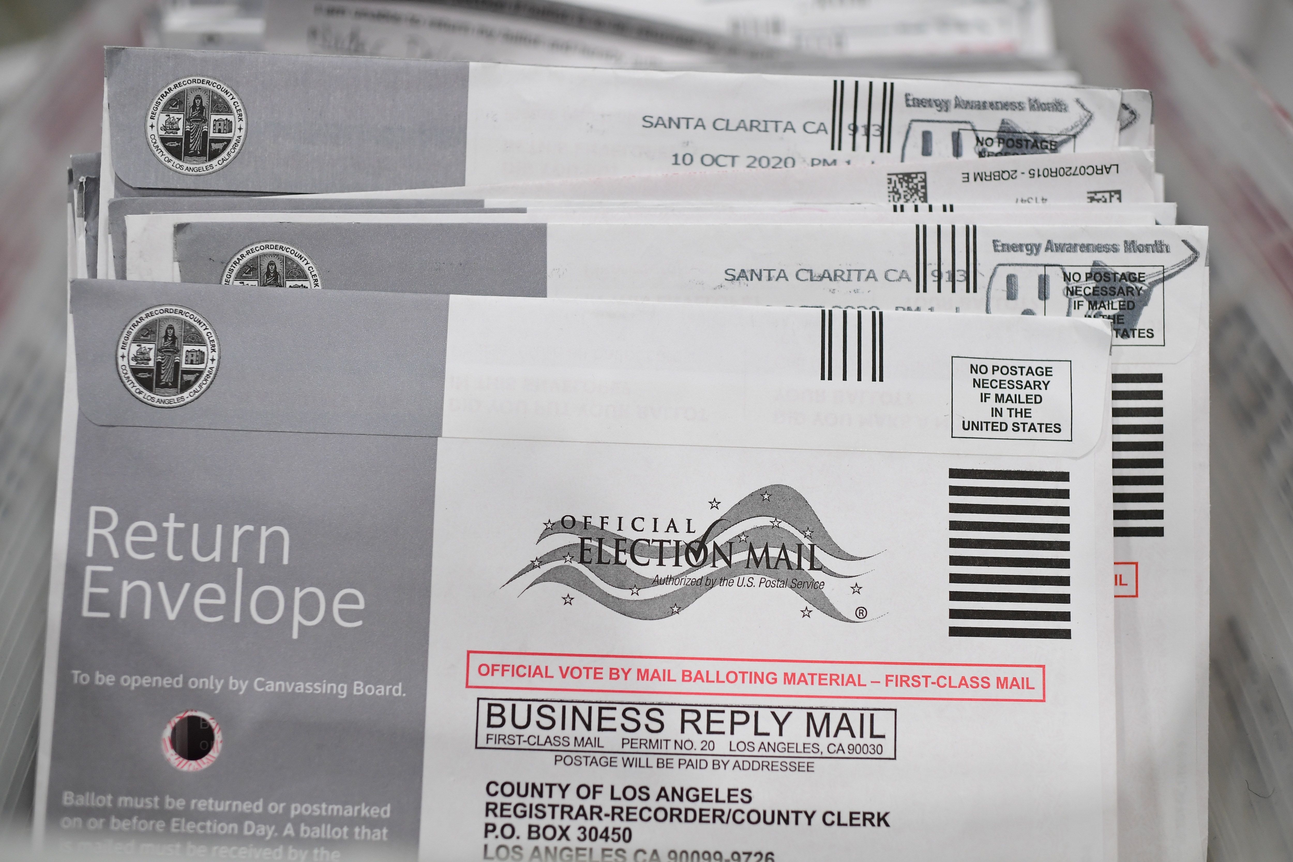 Mail-in ballots await processing in Pomona, California.