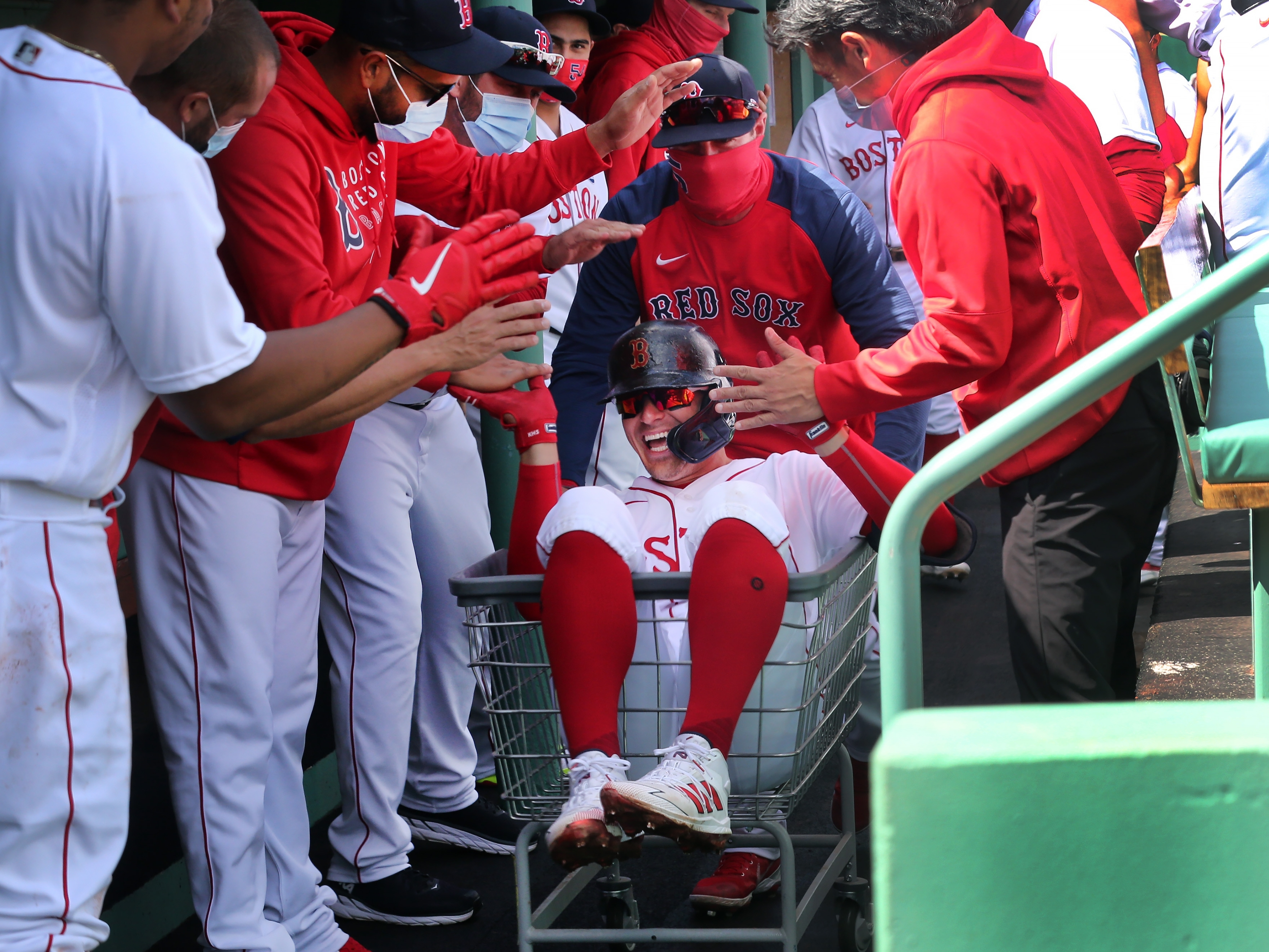 Red Sox laundry cart home run celebration Boston baseball J.D. Martinez
