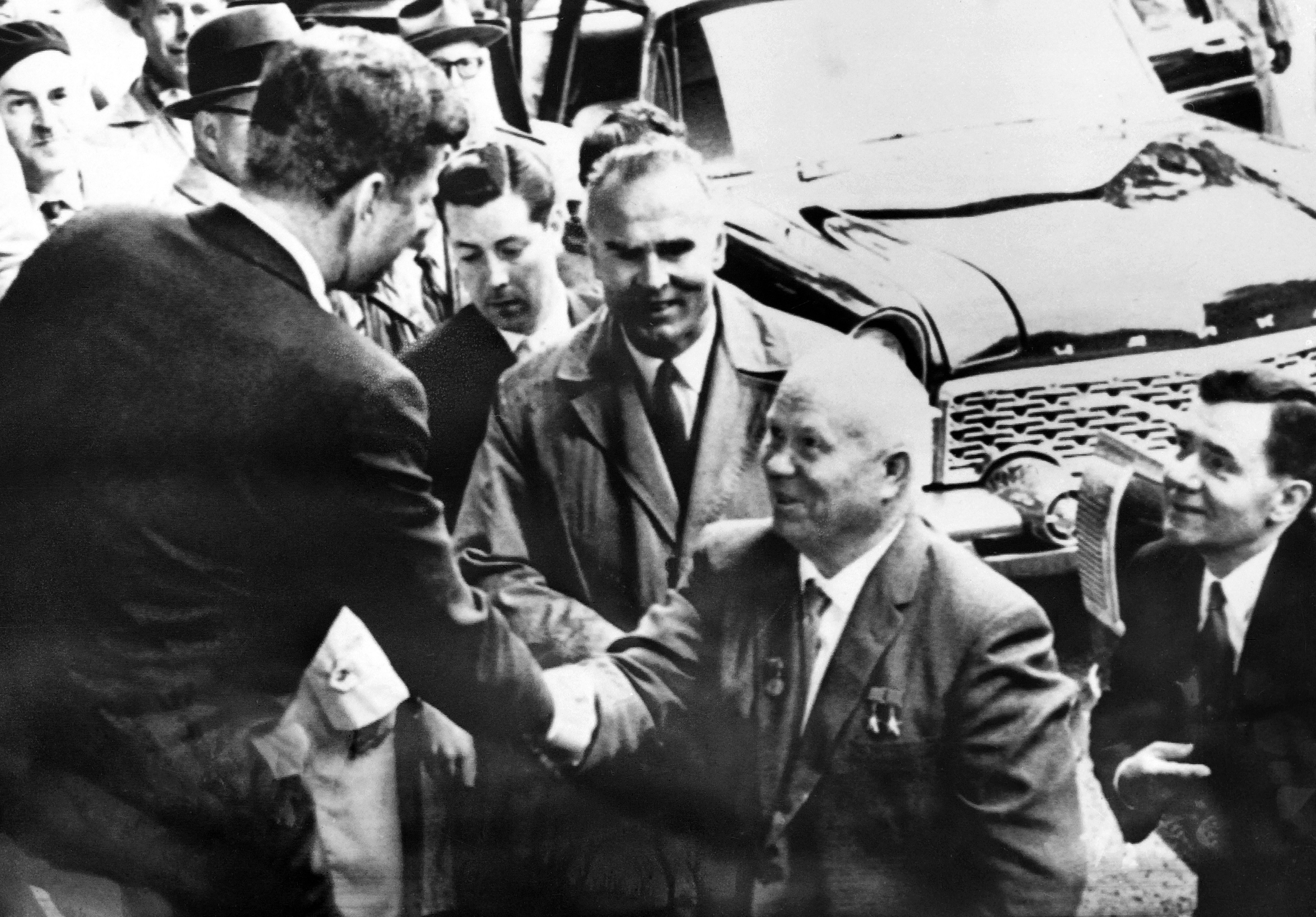 President John F. Kennedy, left, shakes hands with USSR leader Nikita Khrushchev during the East-West talks in Vienna on June 3, 1961.