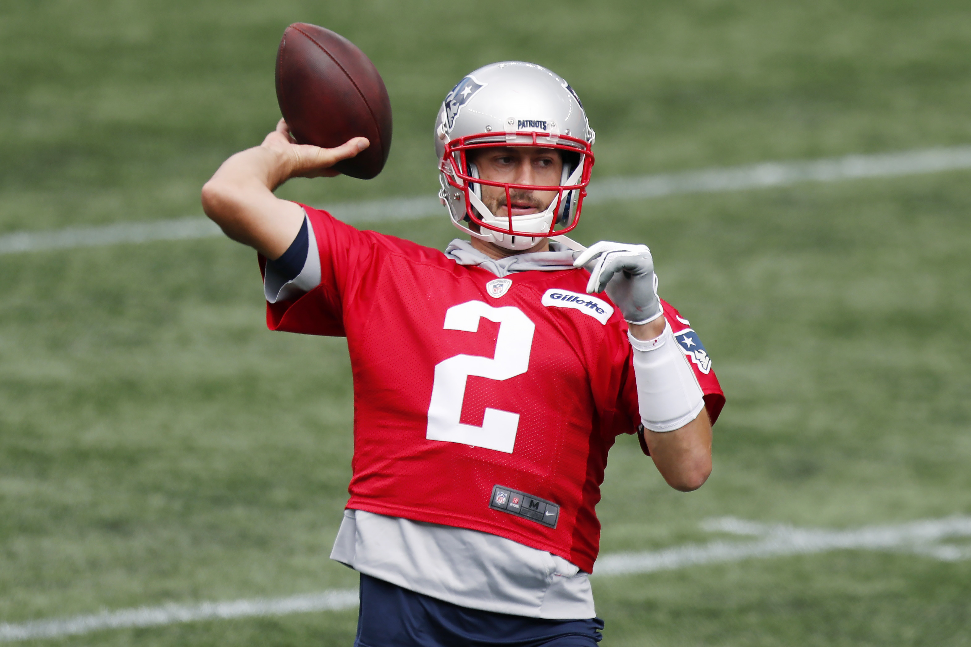 Brian Hoyer warms up before a recent practice in Foxborough.