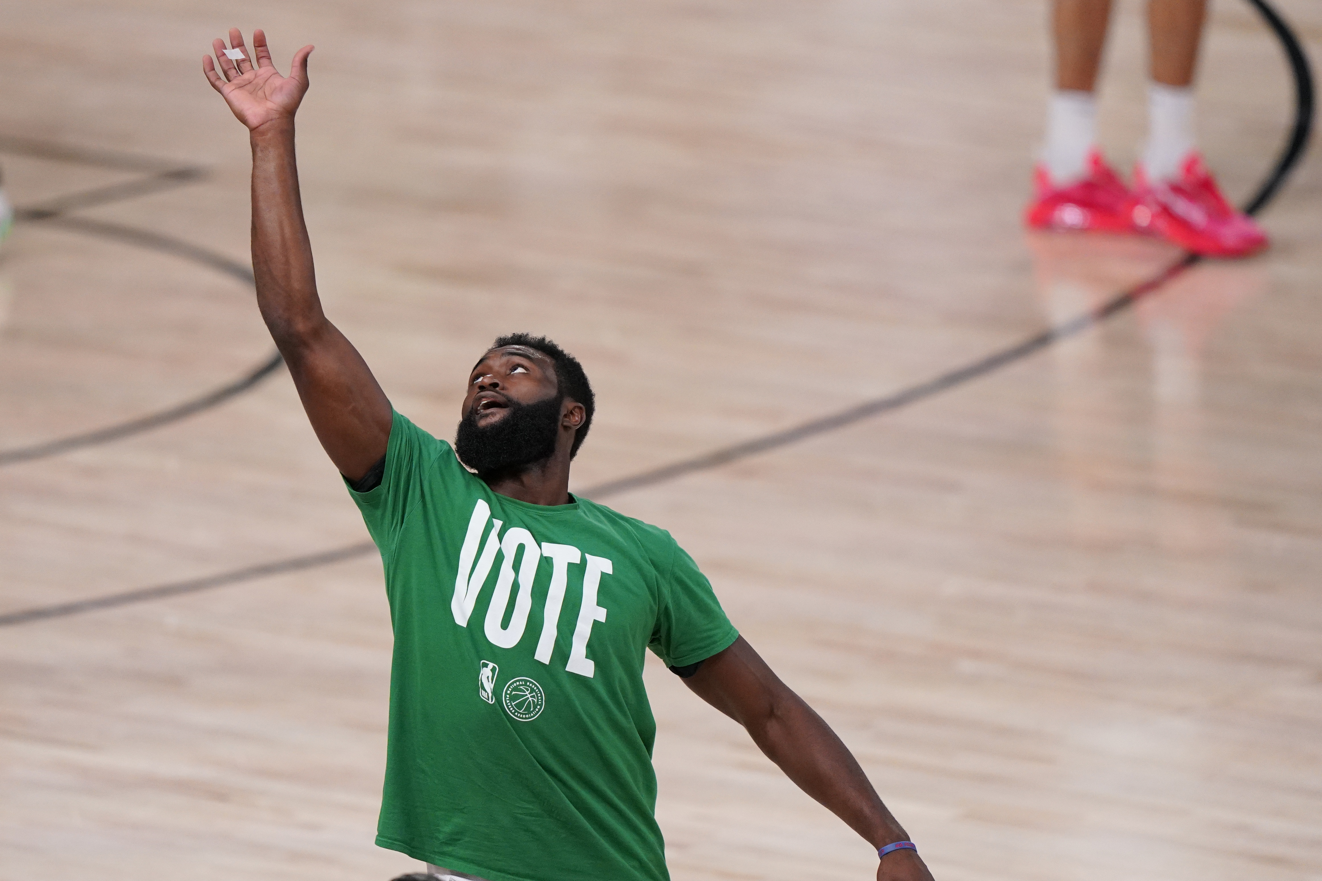 Jaylen Brown wore a VOTE shirt before an Eastern Conference Finals game against the Heat.