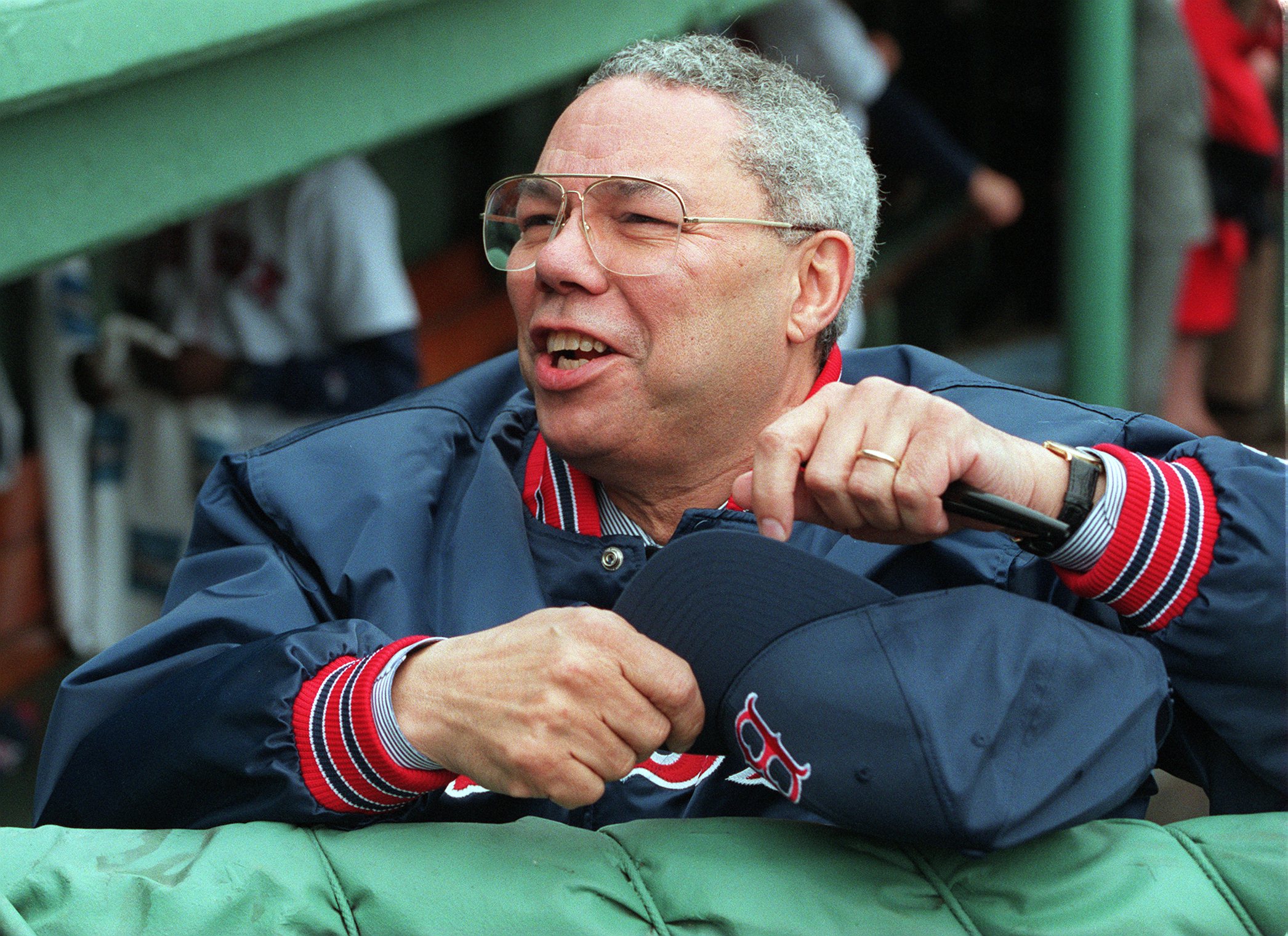 Retired General Powell signed autographs at Fenway Park in 1998.